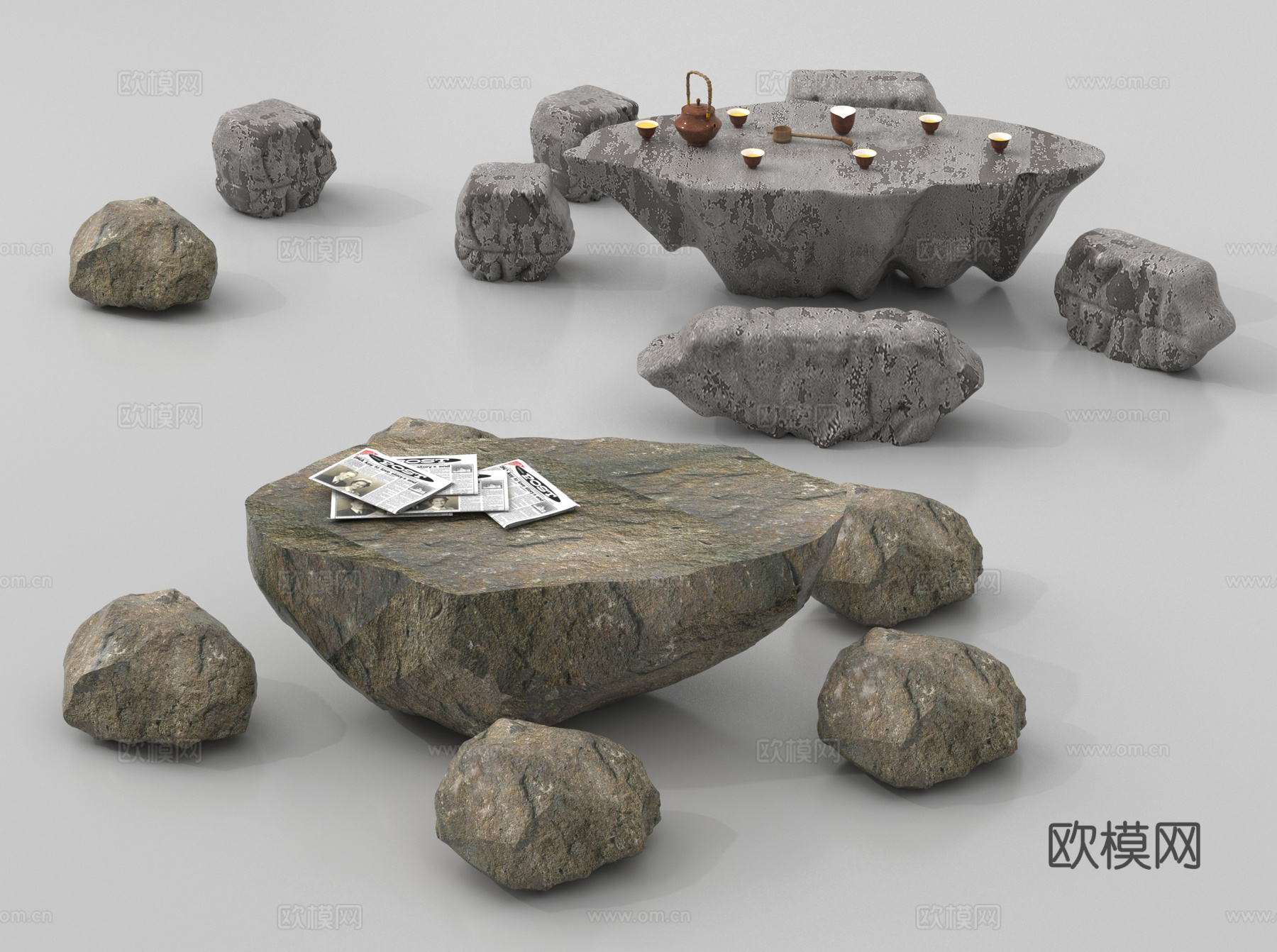 新中式石头户外桌椅 茶桌椅 休闲桌椅3d模型下载