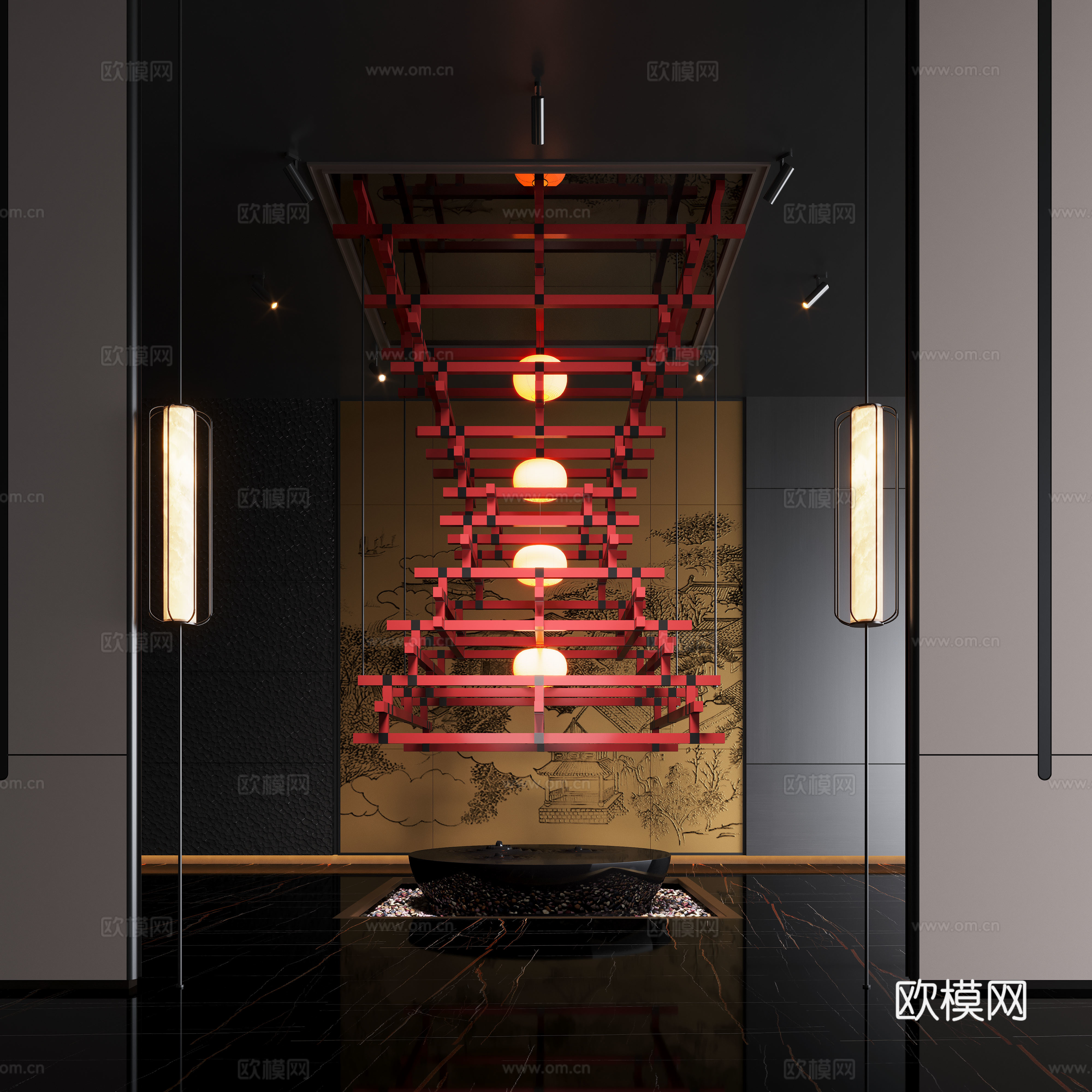 新中式艺术装置 灯具装置 吊饰 大厅装置3d模型下载