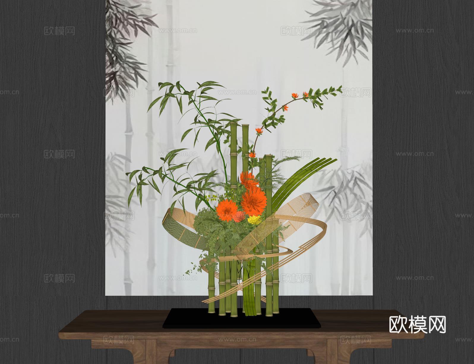 新中式禅意花瓶 花艺摆件 插花su模型
