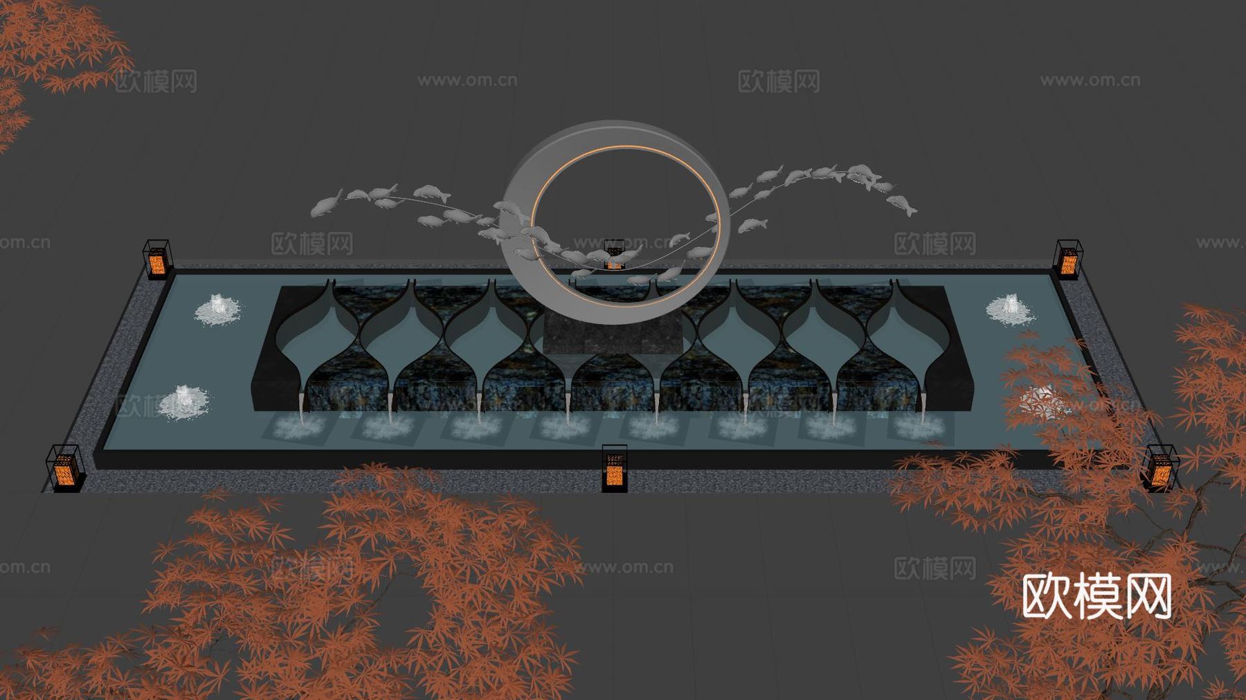 现代水景观 庭院水景 水钵 叠水 跌水 喷泉su模型