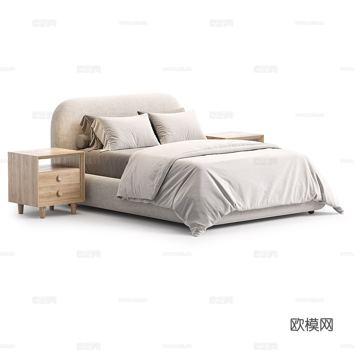 新中式 Westelm Laurent 布艺双人床3d模型下载（渲染图2）