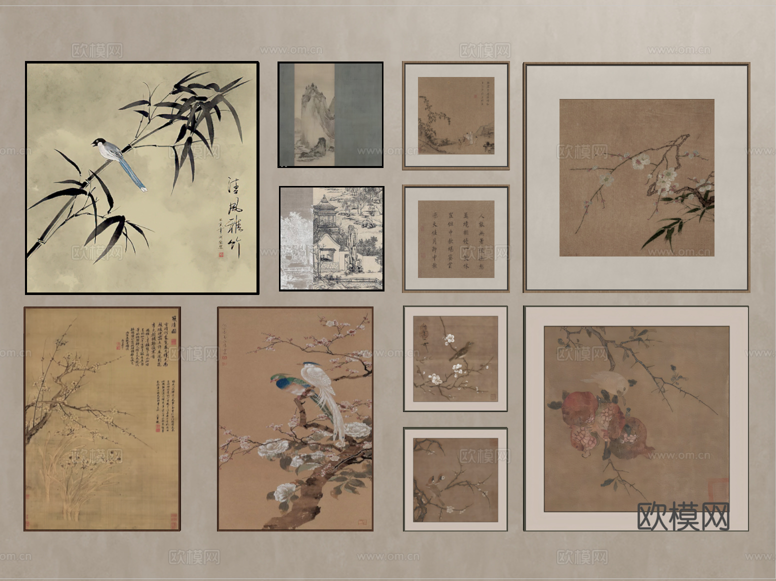 新中式挂画组合 装饰画 字画su模型