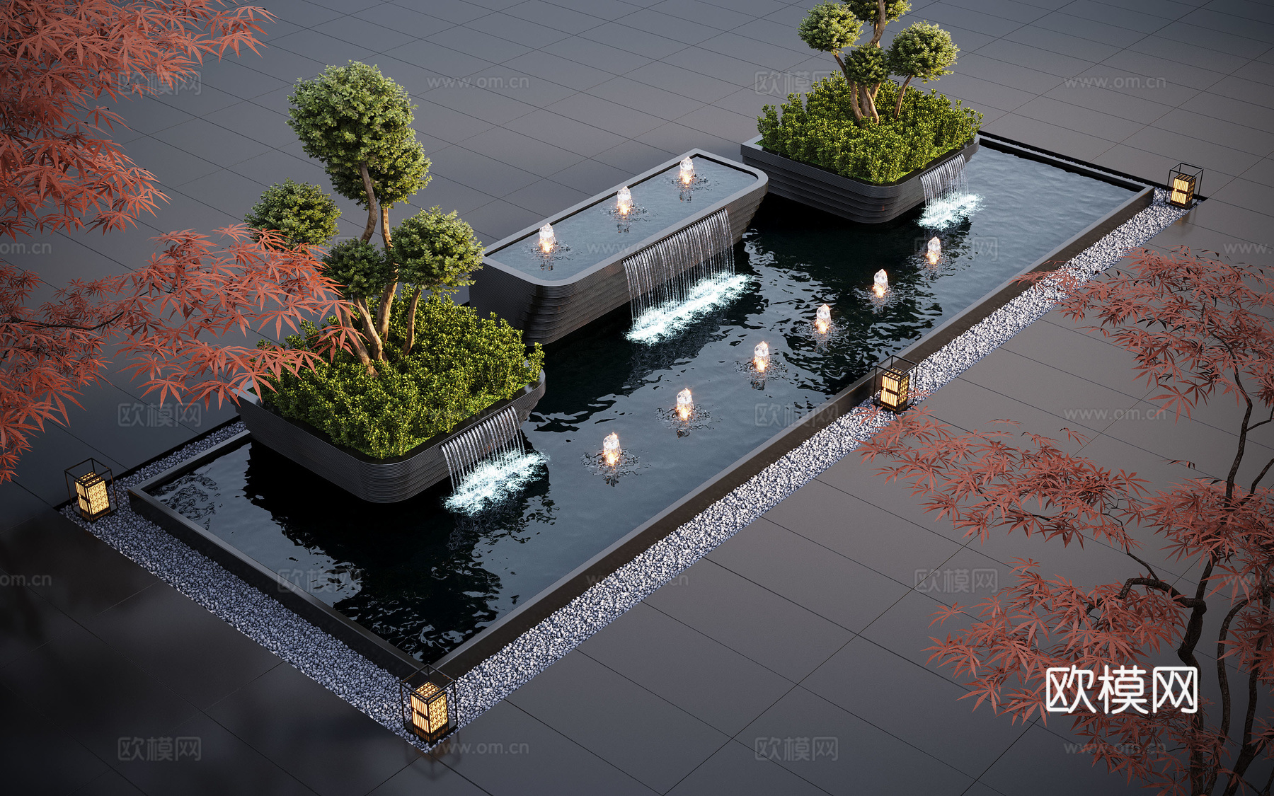现代水景观 庭院水景 水钵 叠水 跌水 喷泉su模型