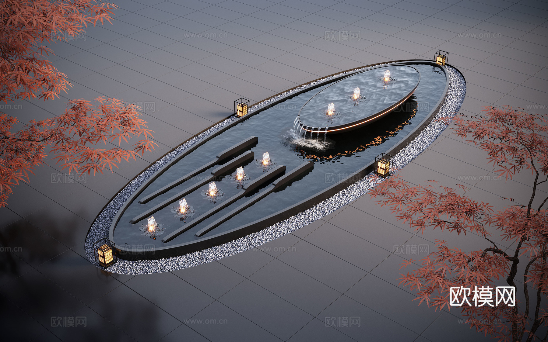 现代水景观 庭院水景 水钵 叠水 跌水 喷泉su模型