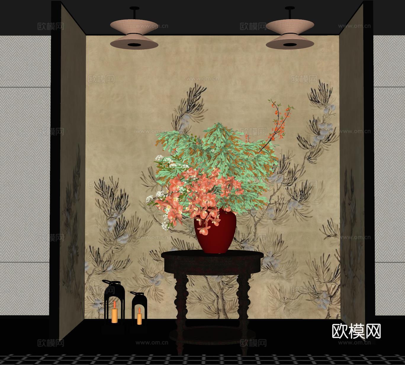 现代花艺摆台 酒店端景台 端景台花艺 玻璃花瓶 绿植摆件su模型