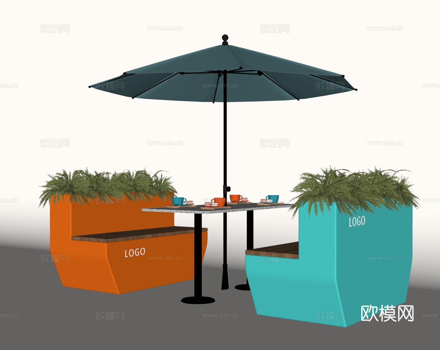 现代户外卡座 商业卡座 伞座su模型