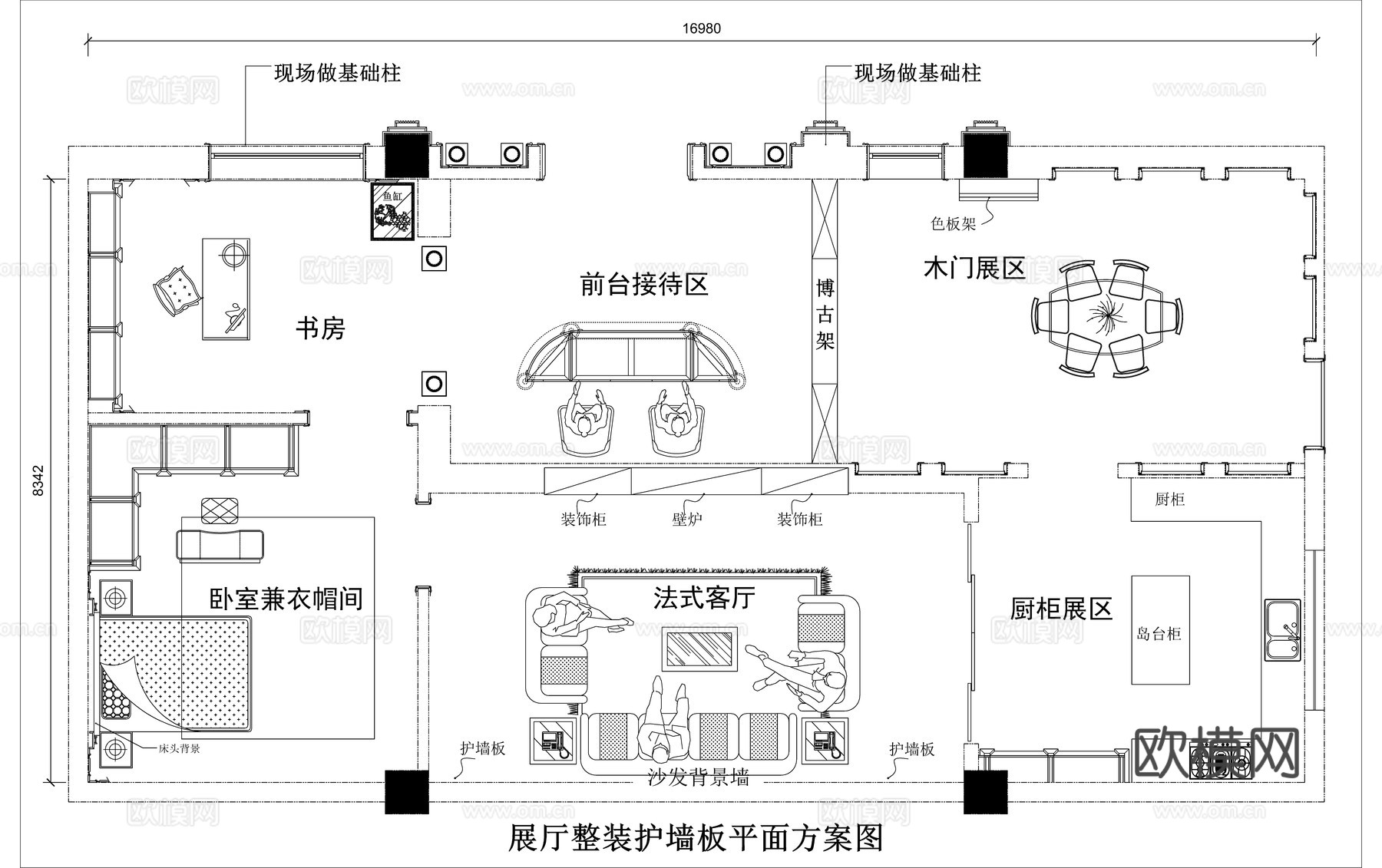 法式墙板展厅平面方案图cad施工图