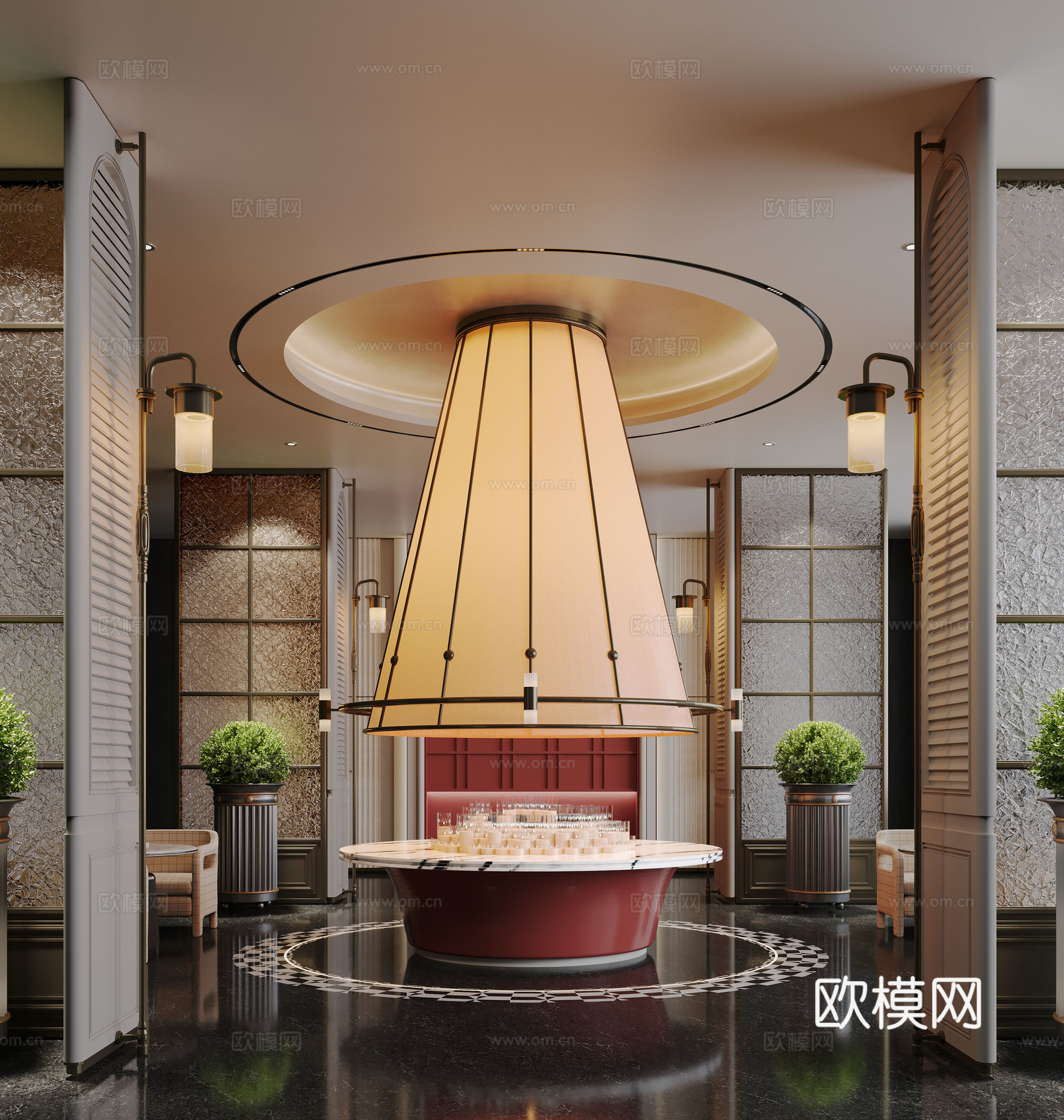 现代大厅 酒店大厅 大厅灯具 花艺摆台组合 屏风隔断su模型