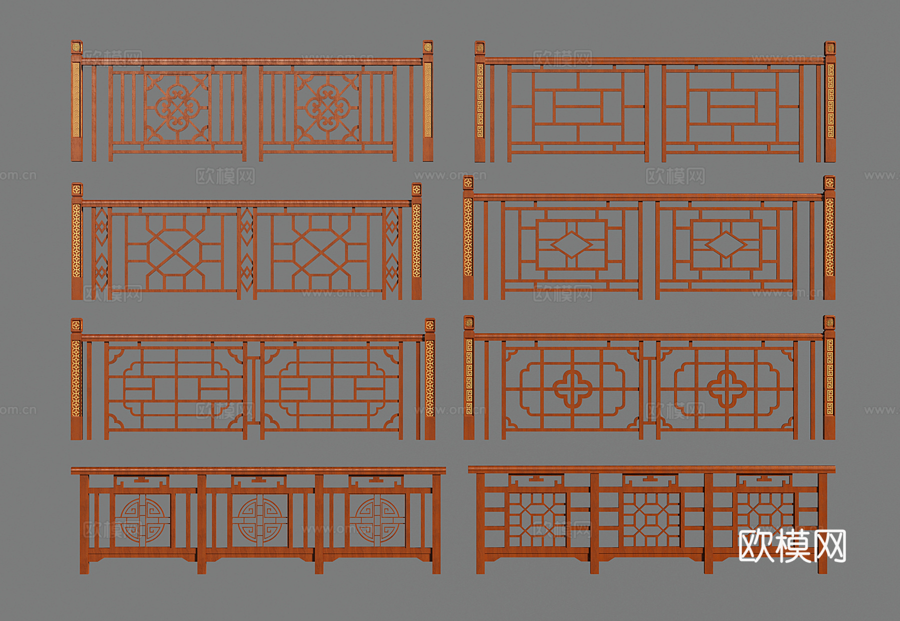 新中式实木栏杆 雕花栏杆 木扶手护栏 木围栏 木栅栏su模型