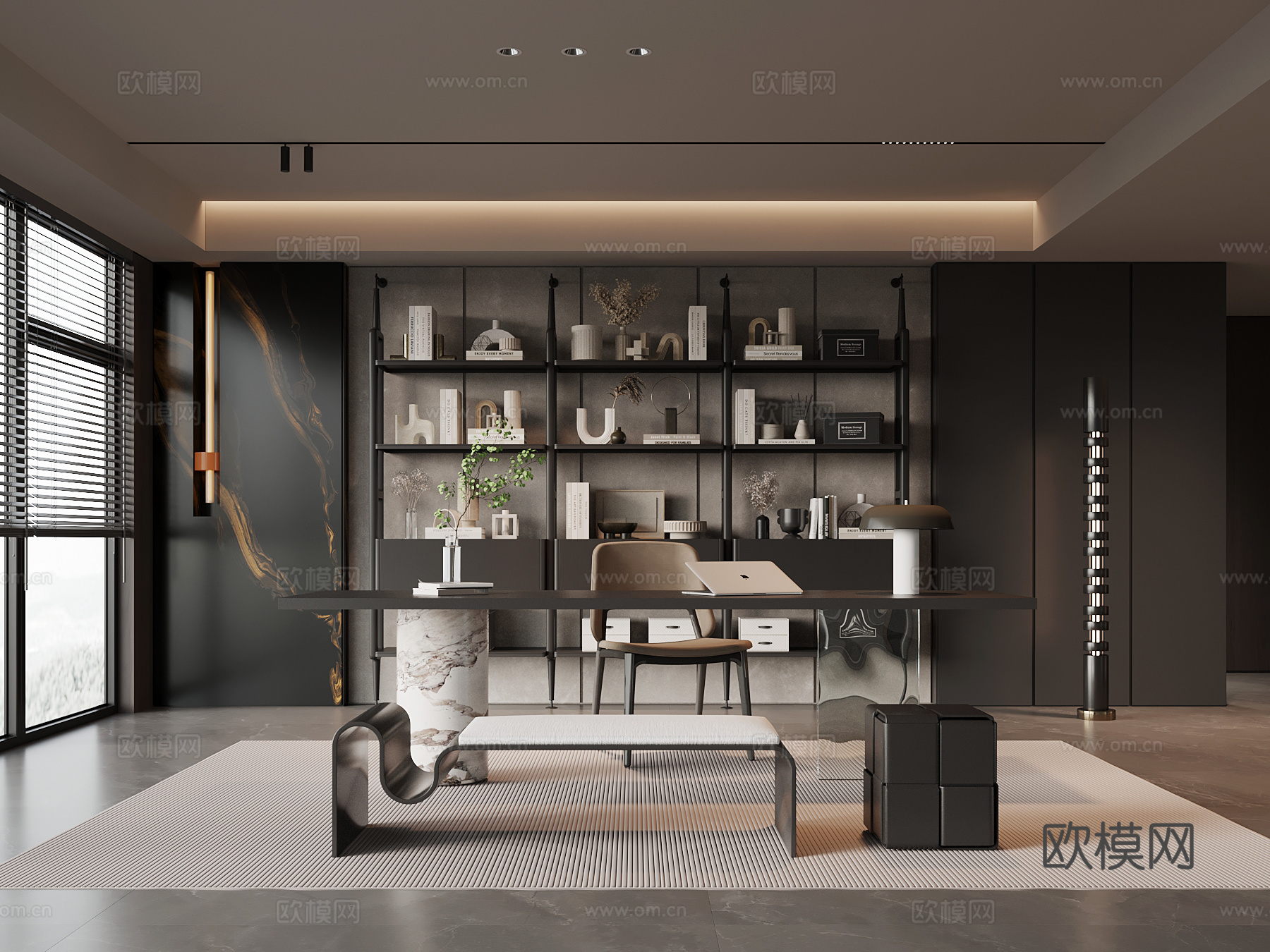 意式书房 书桌椅 书柜 背景墙3d模型下载