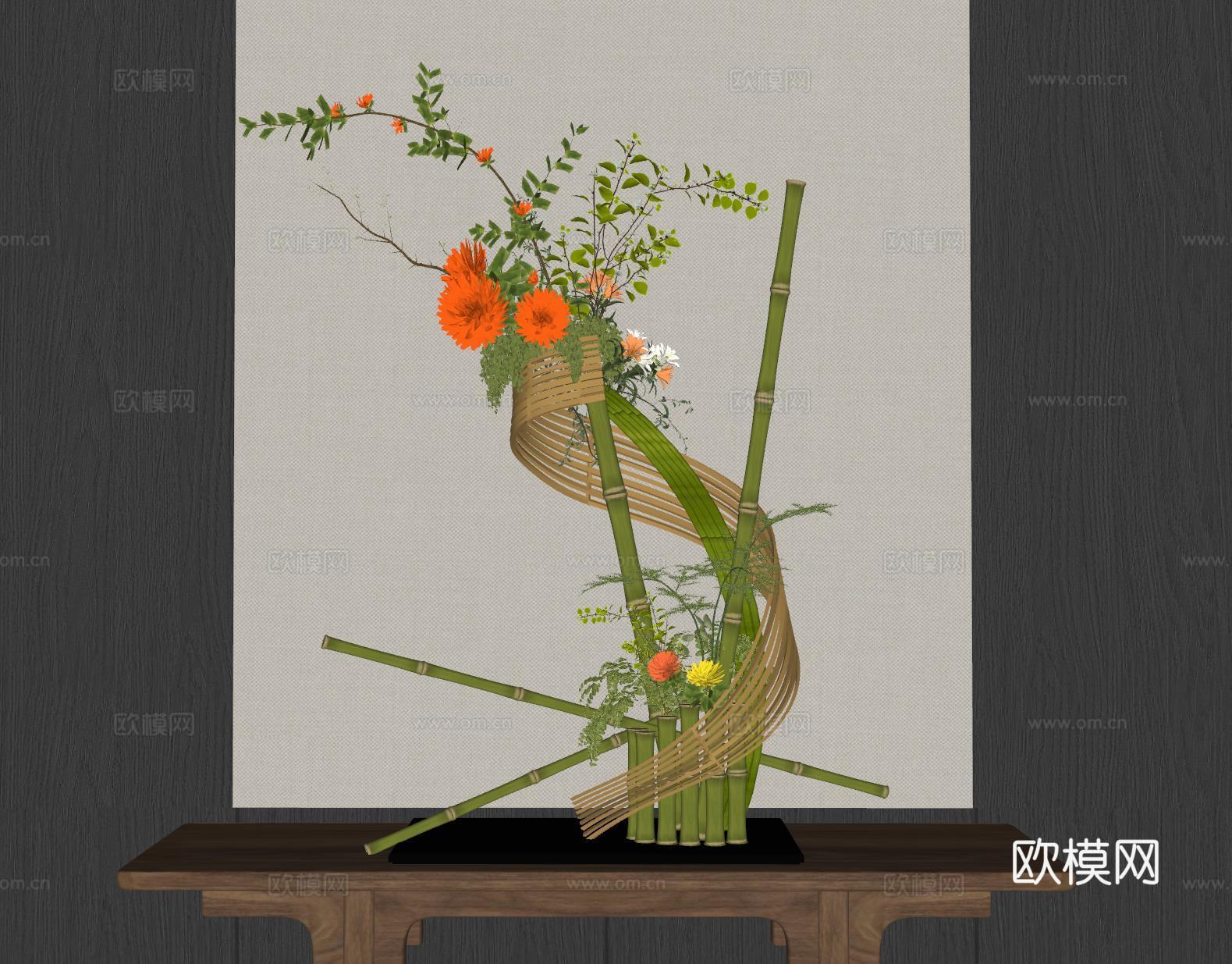新中式禅意花瓶 花艺摆件 插花su模型