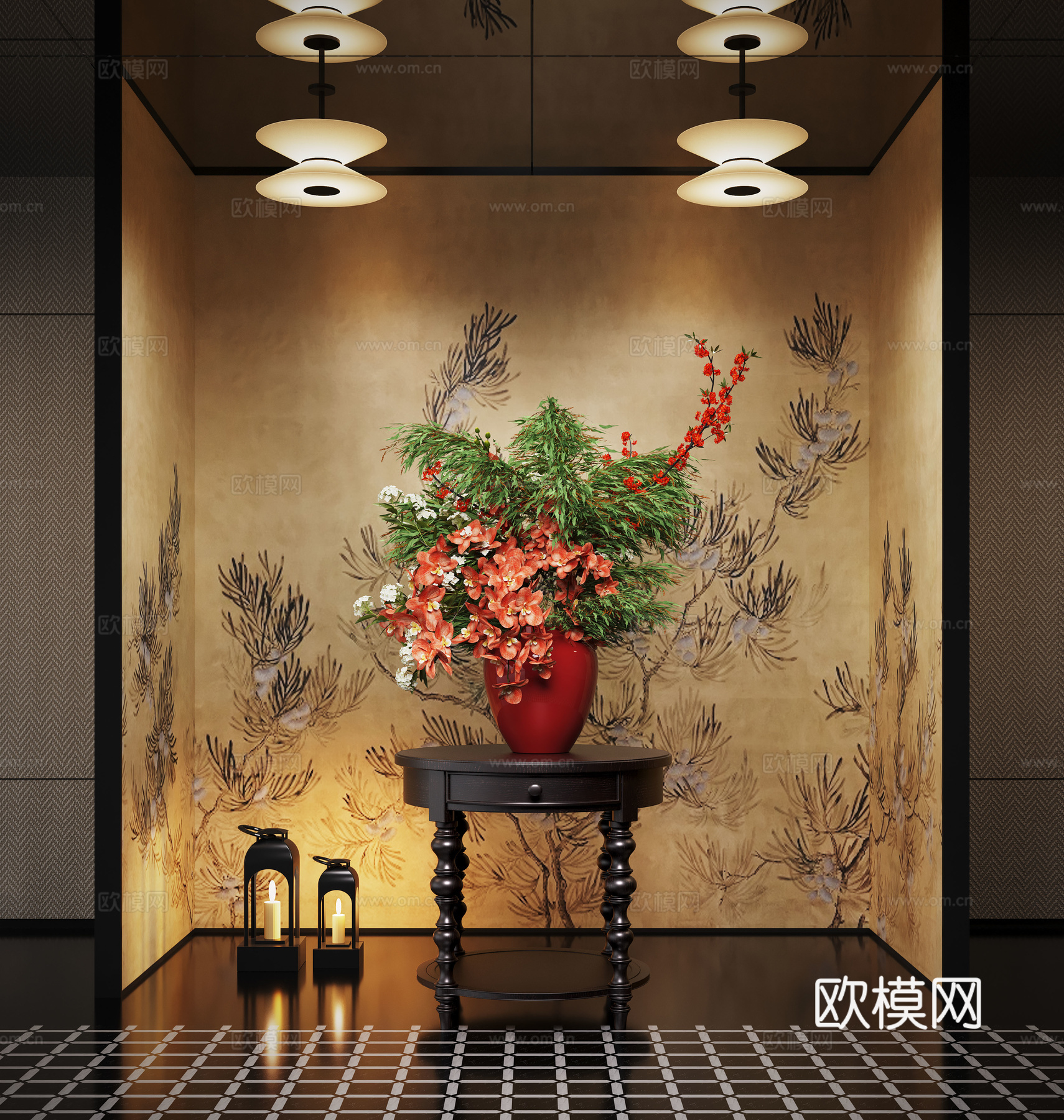 现代花艺摆台 酒店端景台 端景台花艺 玻璃花瓶 绿植摆件su模型