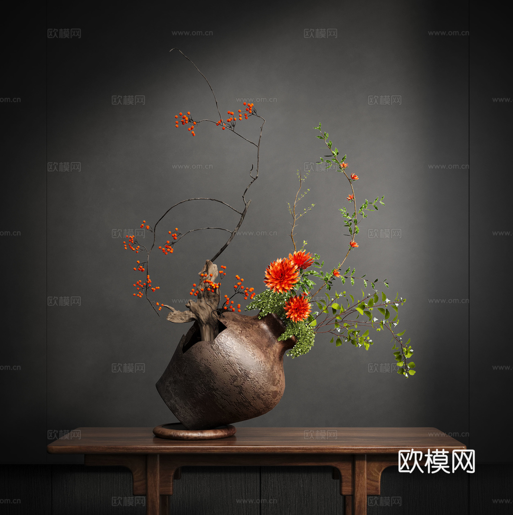 新中式禅意花瓶 花艺摆件 插花3d模型下载