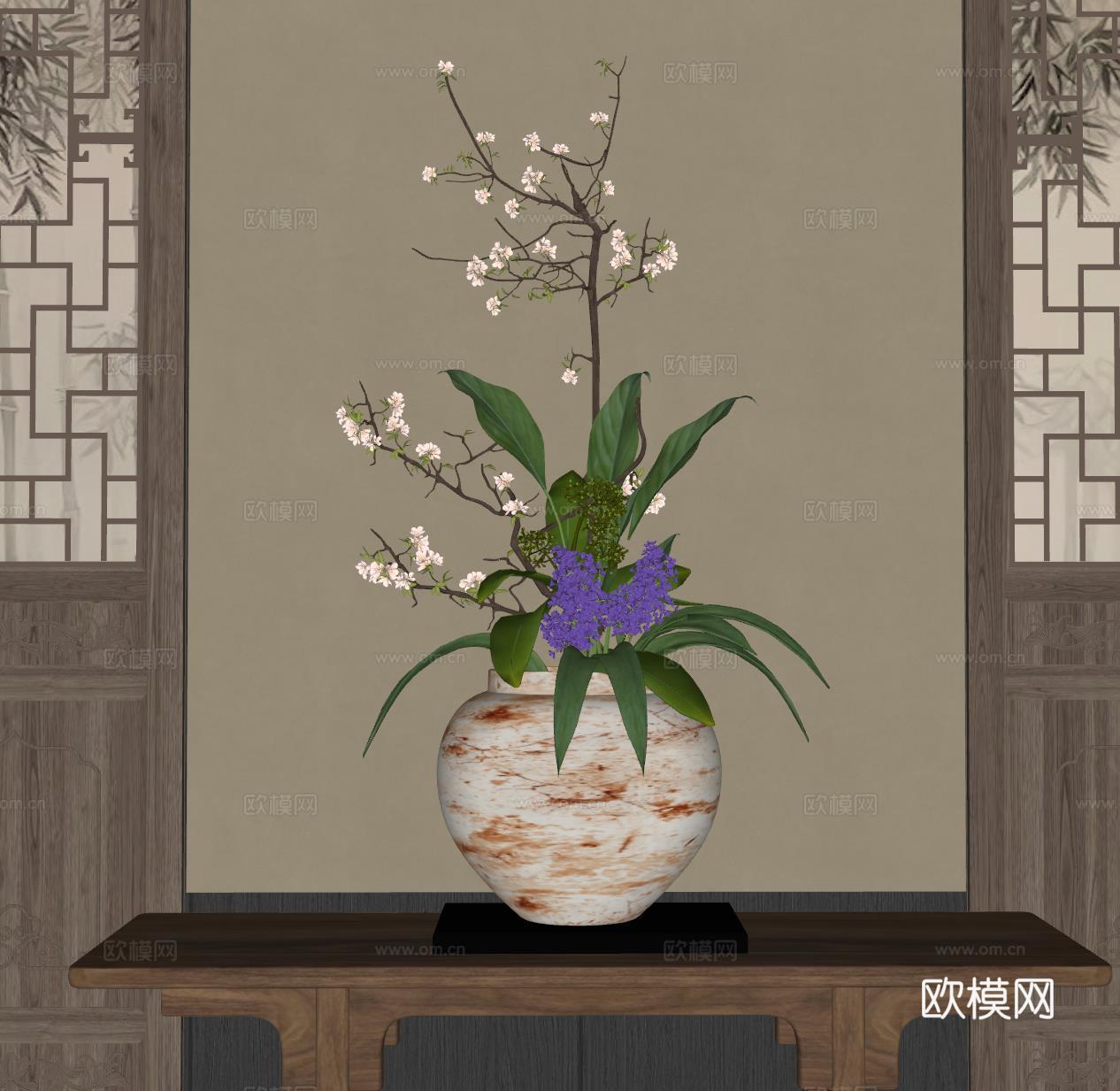 新中式禅意花瓶 花艺摆件 插花su模型
