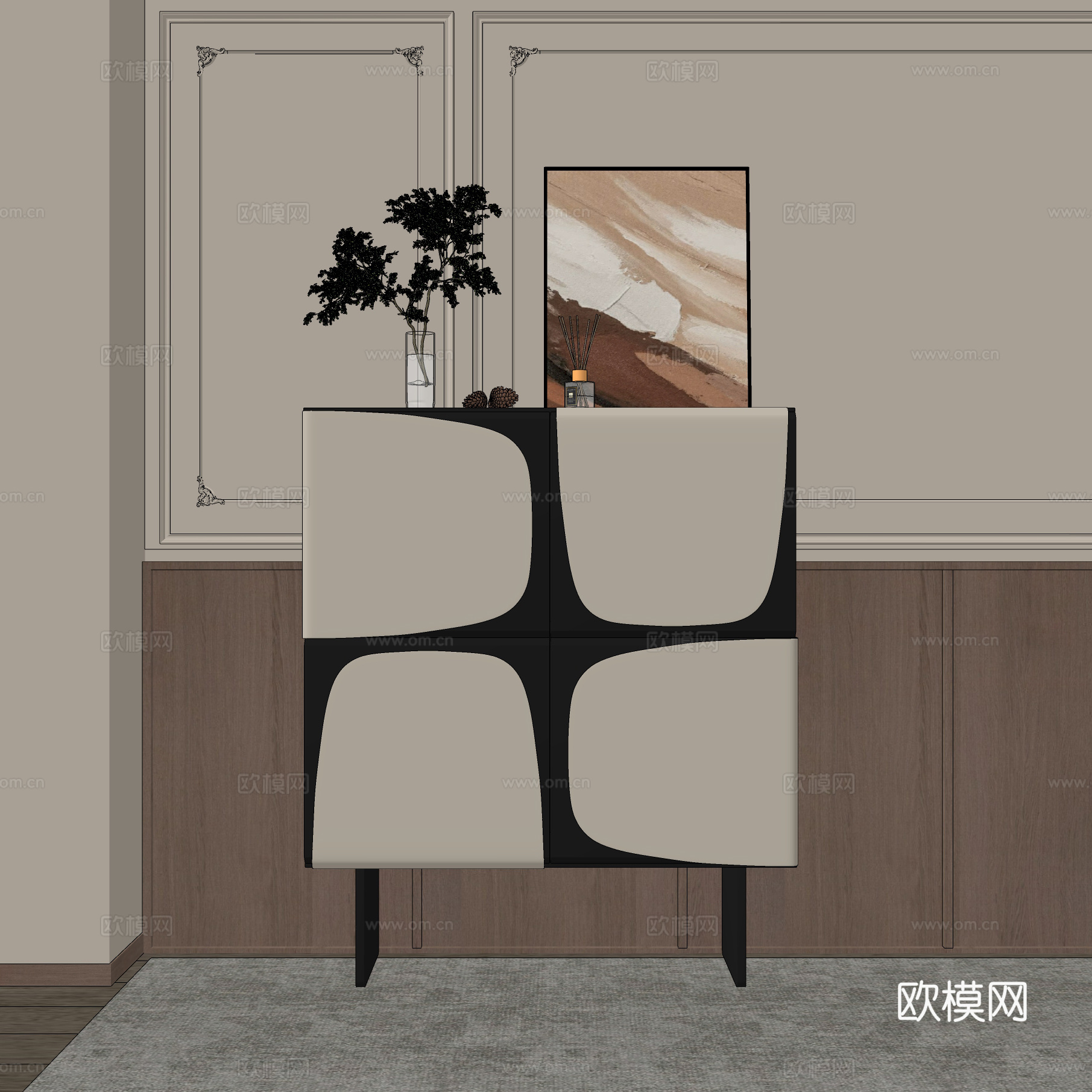 中古风玄关柜 储物柜 花艺 斗柜 装饰柜su模型