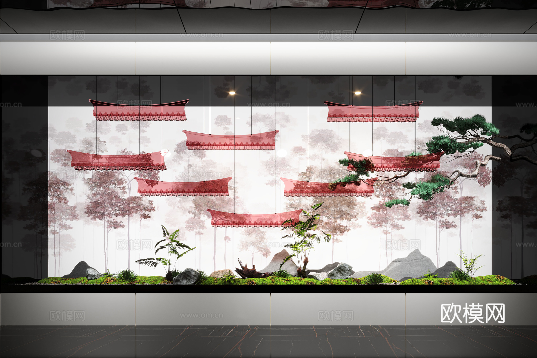 新中式景观造景 室内景观 倒挂植物 景观石 室内造景3d模型下载