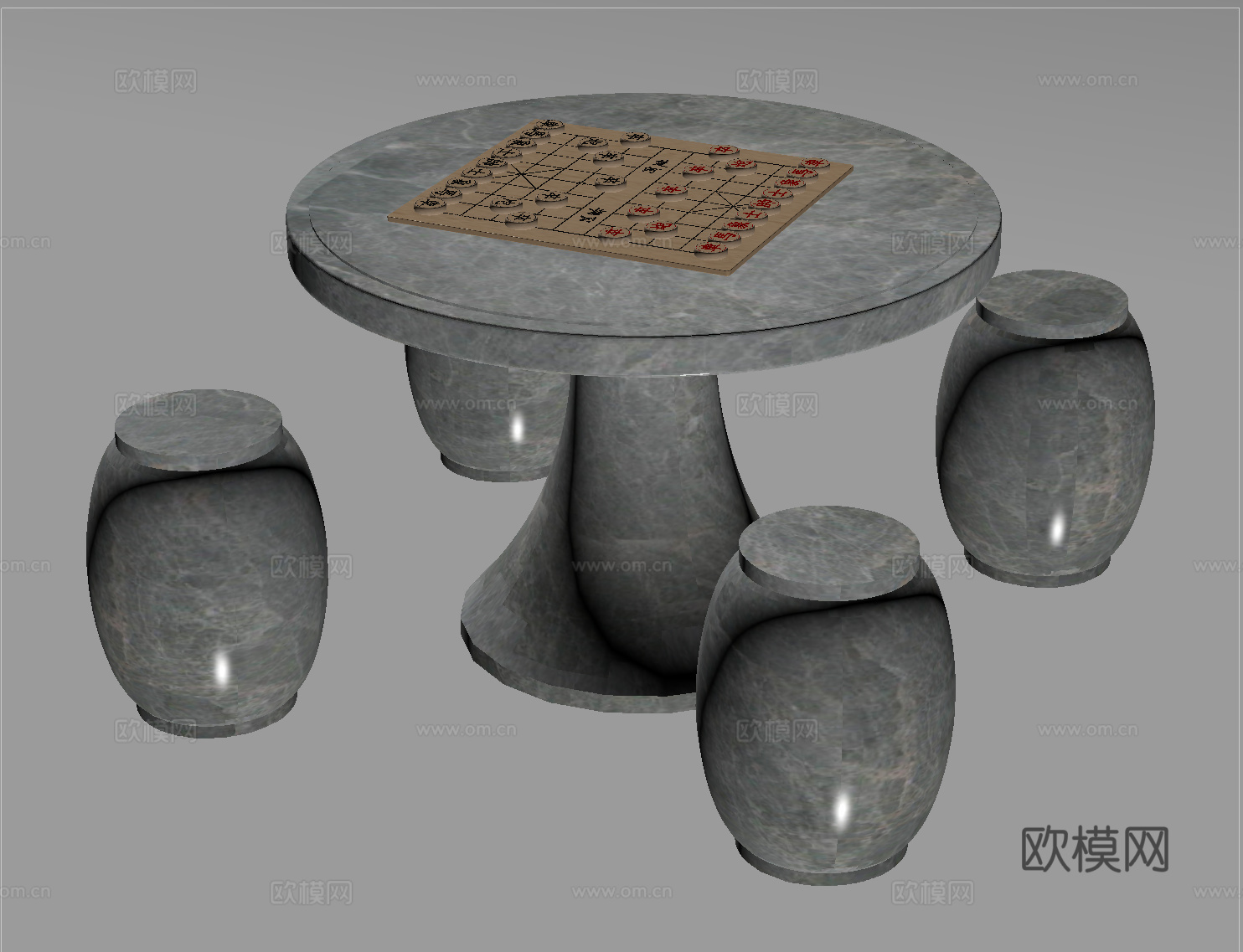 新中式石头户外桌椅 象棋桌su模型