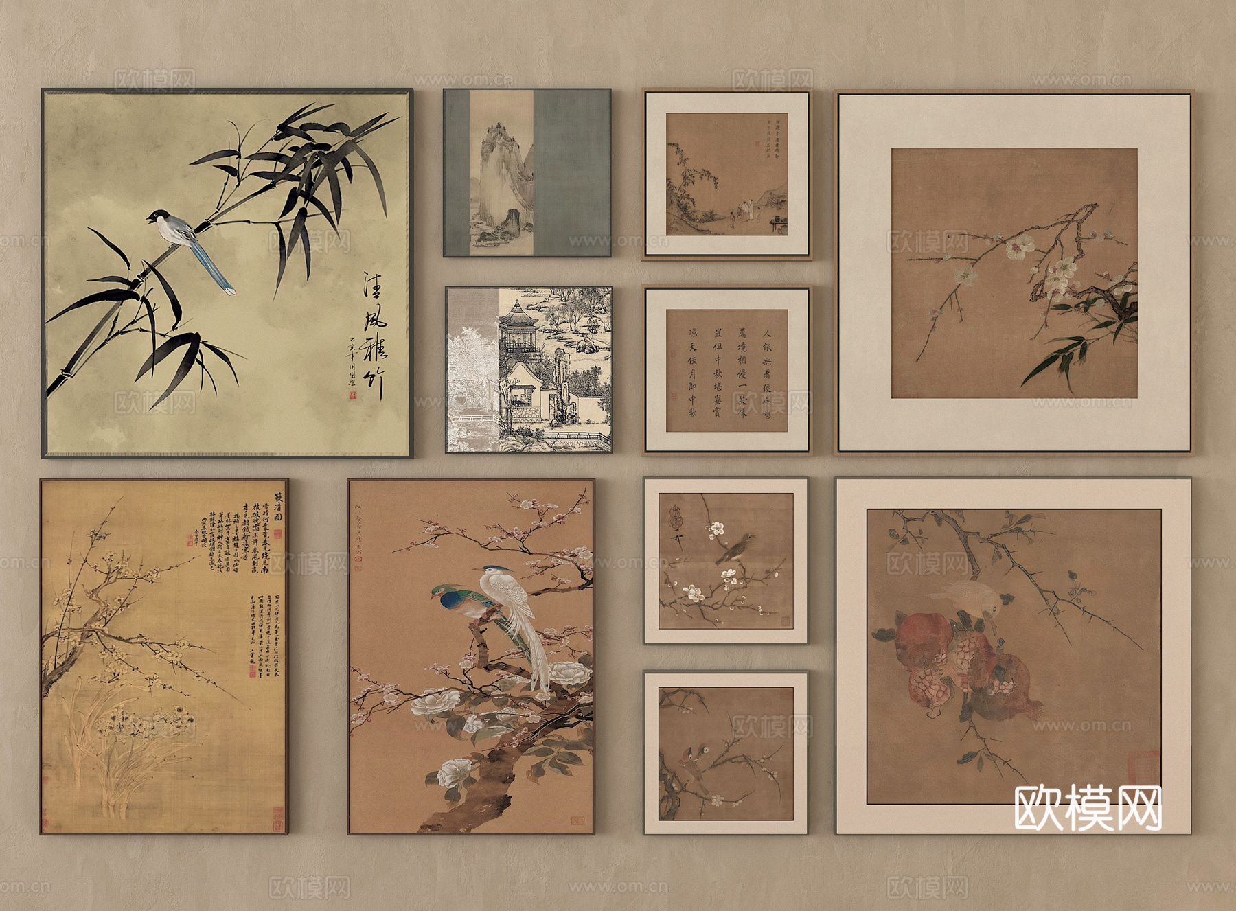 新中式挂画组合 装饰画 字画su模型