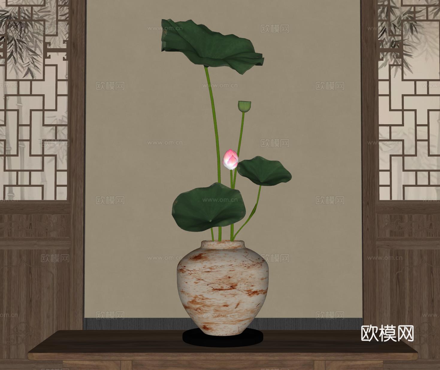 新中式禅意花瓶 花艺摆件 插花su模型