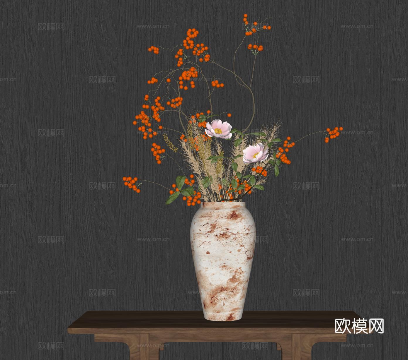 新中式禅意花瓶 花艺摆件 插花su模型