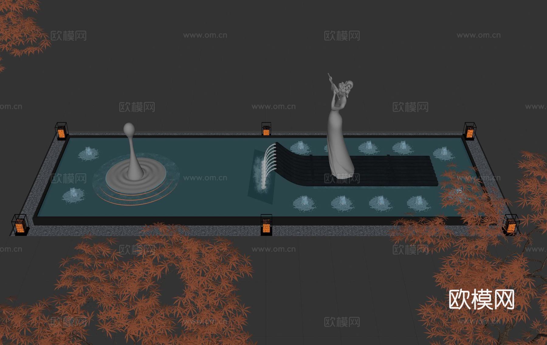 现代水景观 庭院水景 水钵 叠水 跌水 喷泉su模型