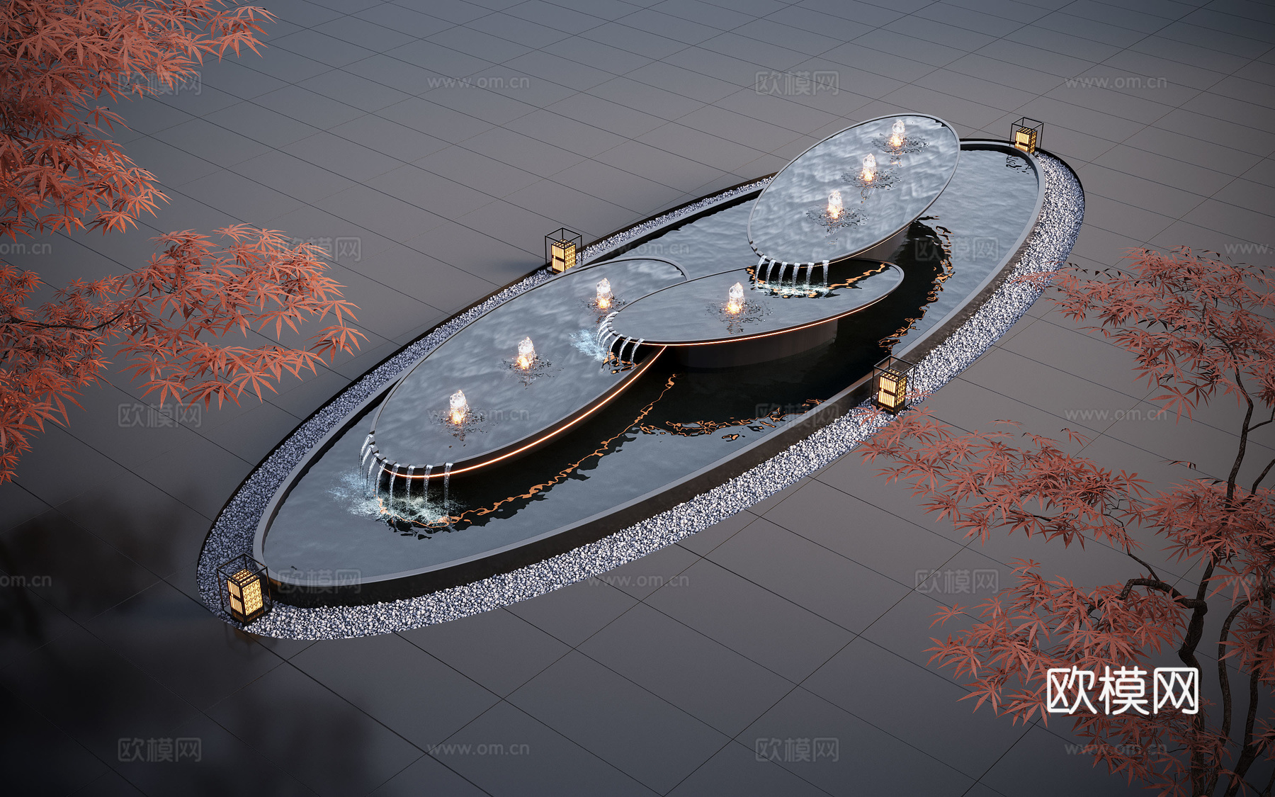 现代水景观 庭院水景 水钵 叠水 跌水 喷泉su模型