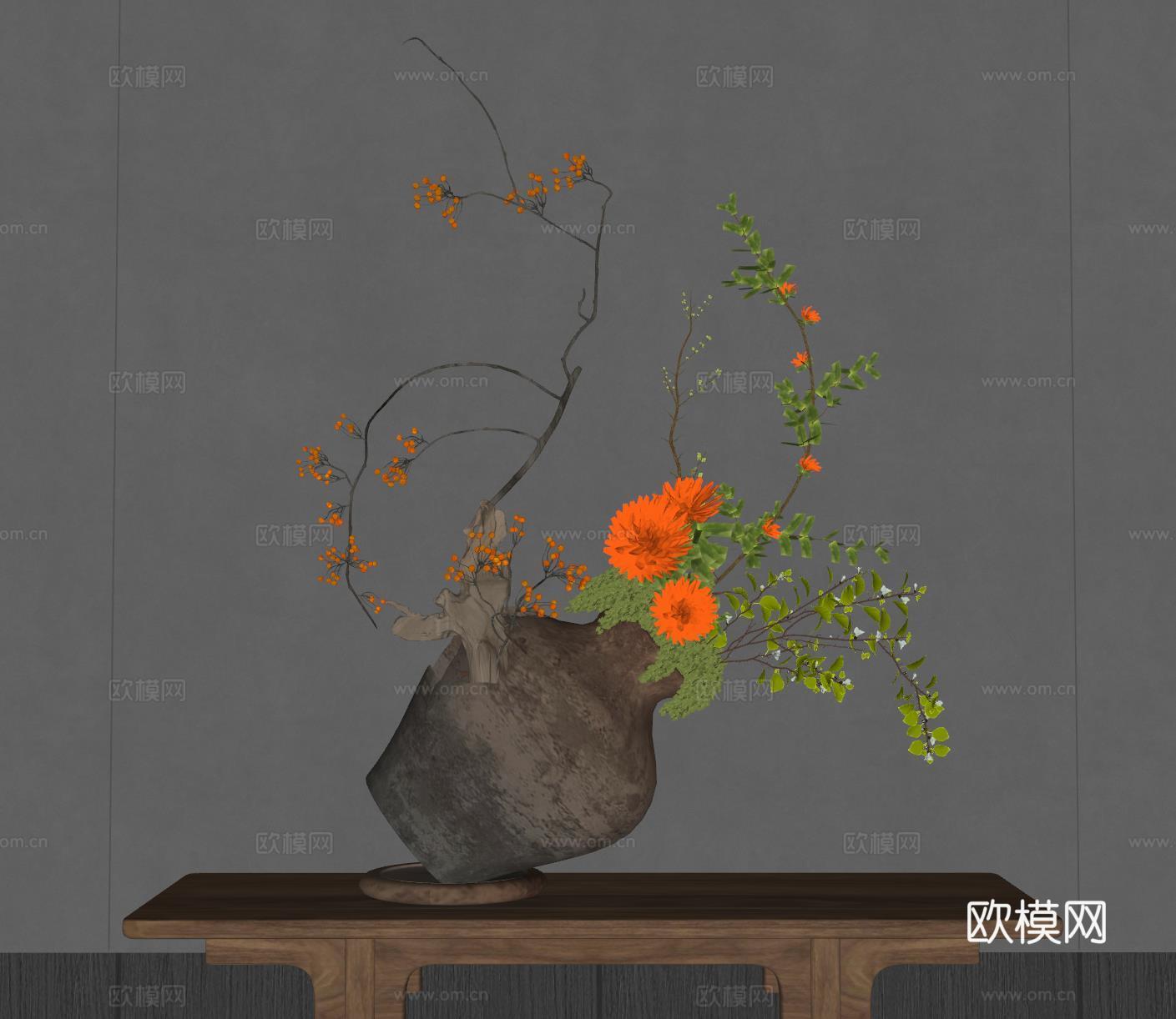 新中式禅意花瓶 花艺摆件 插花su模型