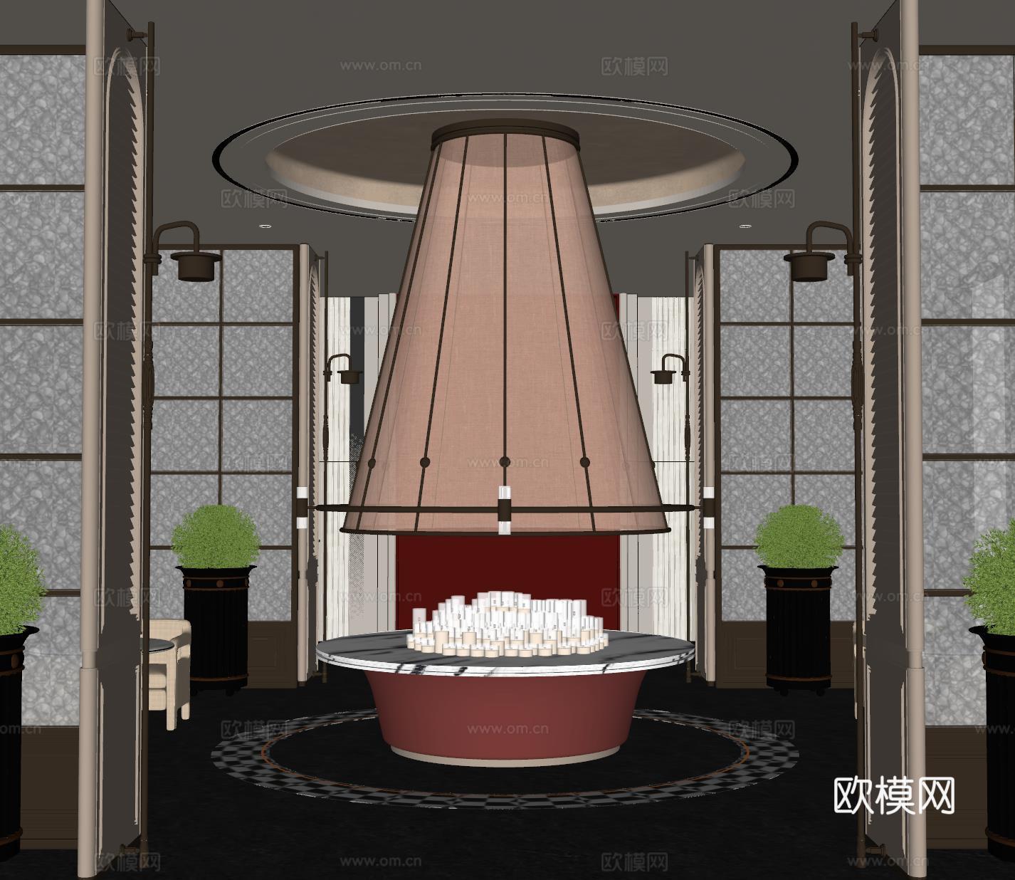 现代大厅 酒店大厅 大厅灯具 花艺摆台组合 屏风隔断su模型