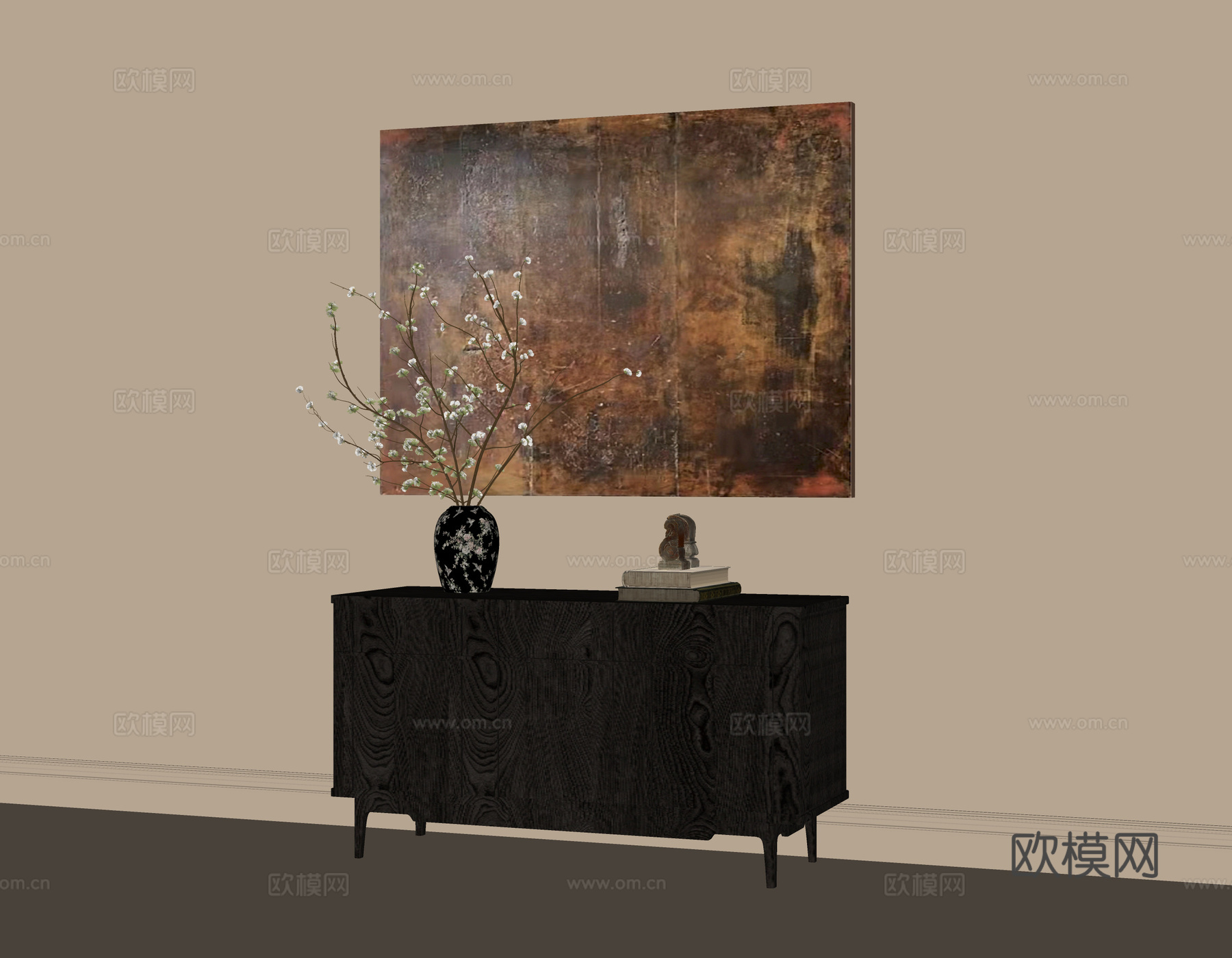 现代玄关柜 边柜 挂画 花瓶花艺su模型