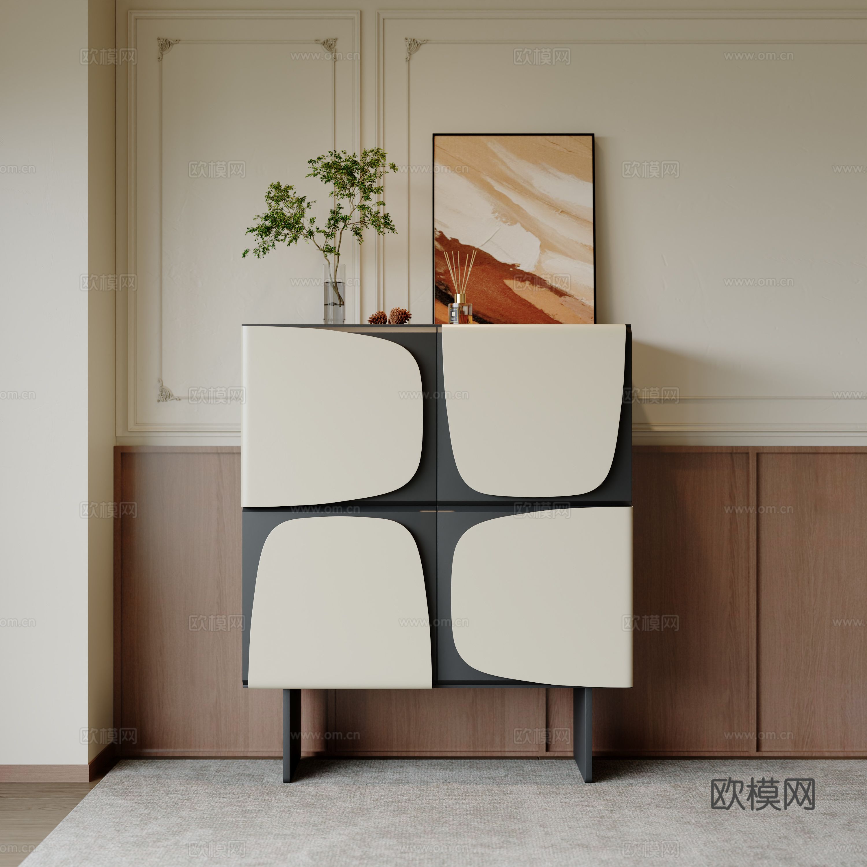 中古风玄关柜 储物柜 花艺 斗柜 装饰柜su模型