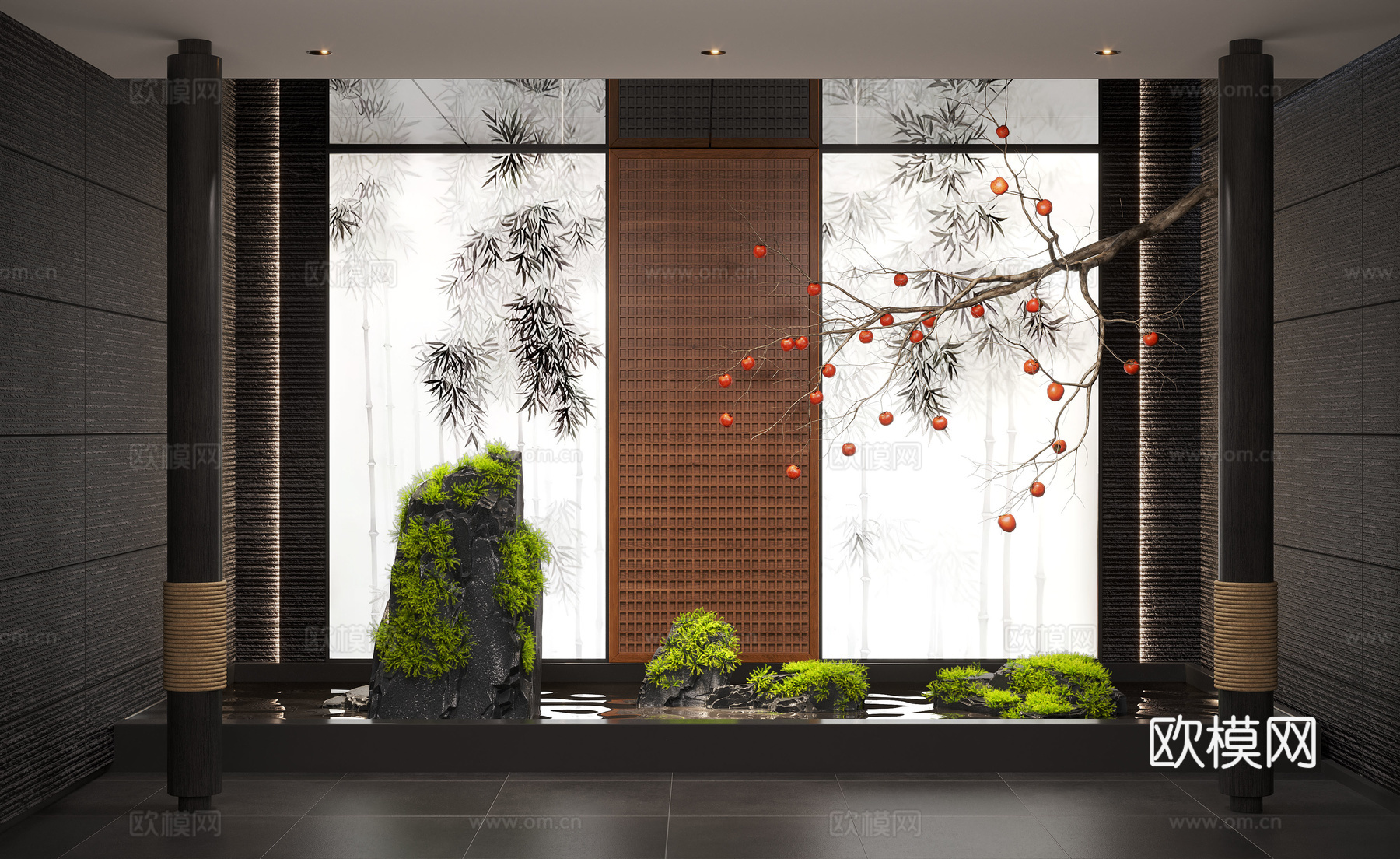 新中式景观造景 室内景观 倒挂植物 景观石 室内造景su模型