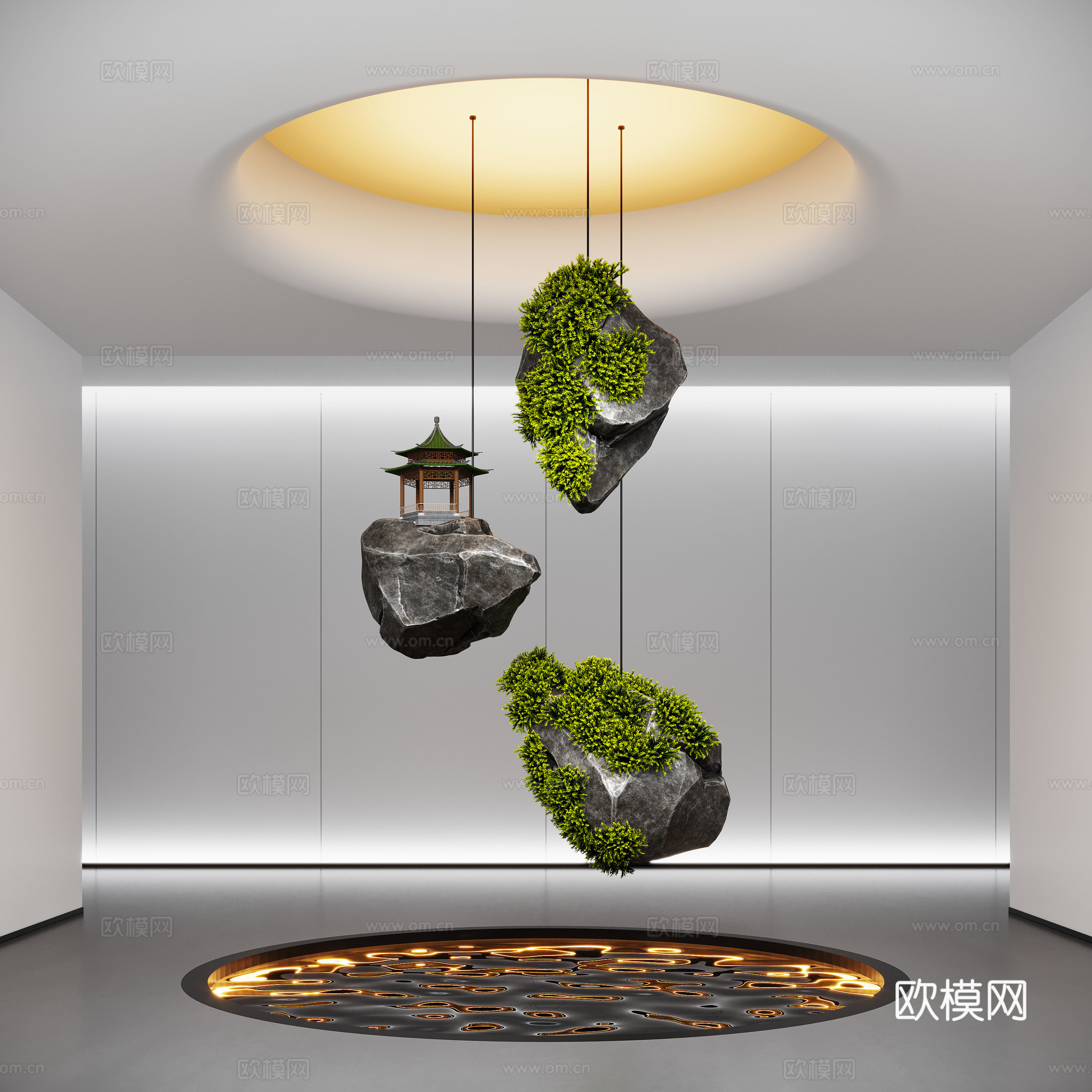 现代石头装置雕塑 悬挂石 苔藓 室内造景 室内景观su模型
