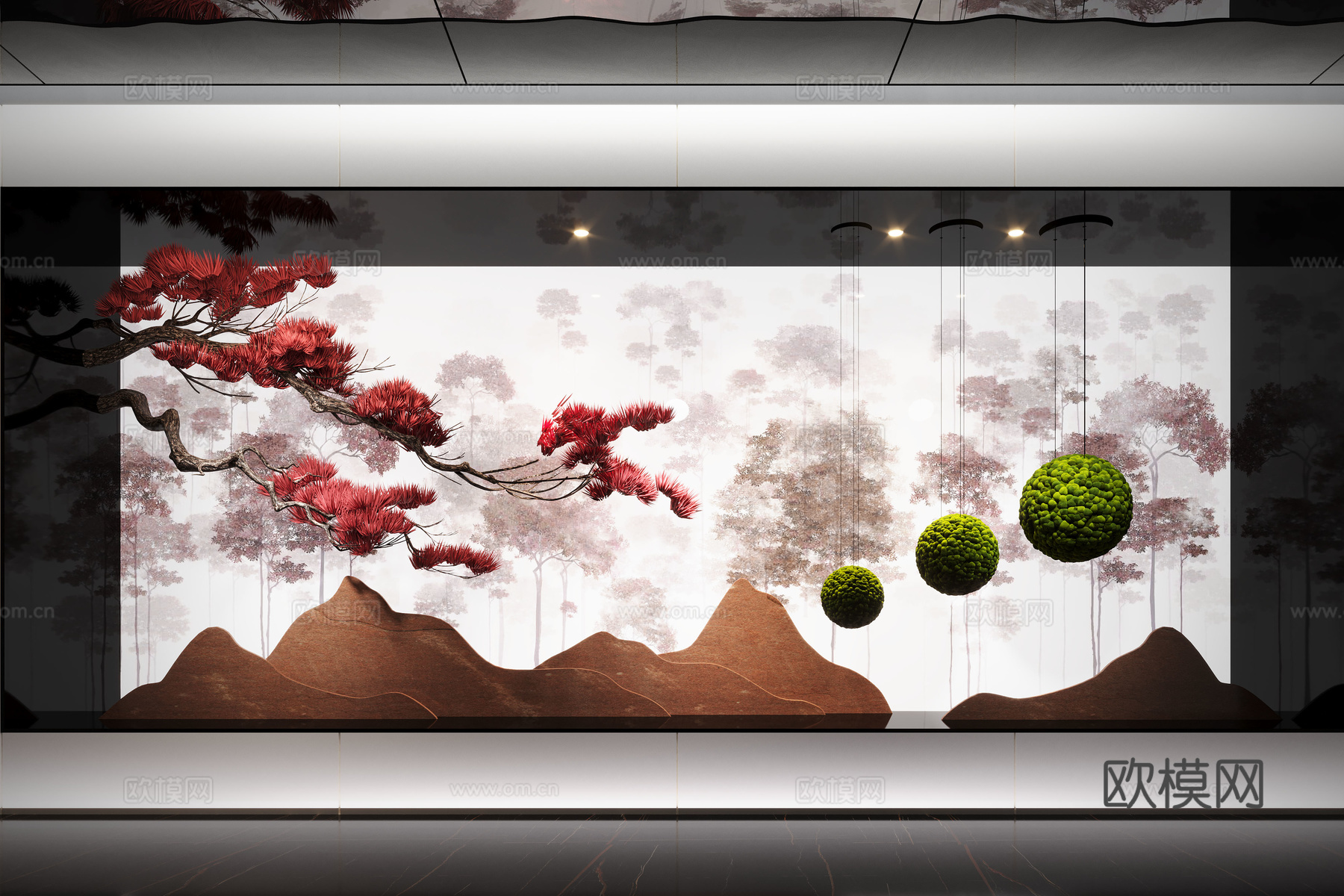 新中式景观造景 室内景观 倒挂植物 景观石 室内造景su模型