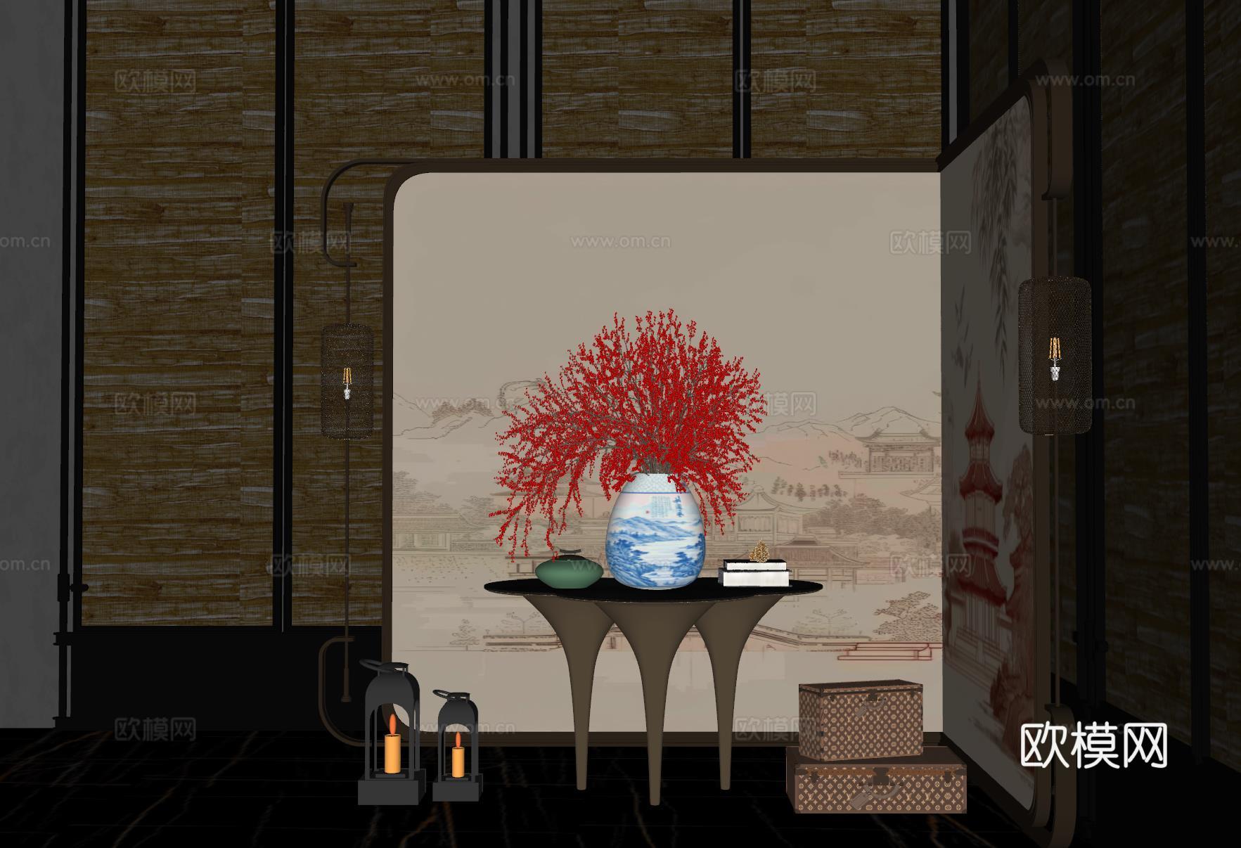 现代花艺摆台 酒店端景台 端景台花艺 玻璃花瓶 绿植摆件su模型