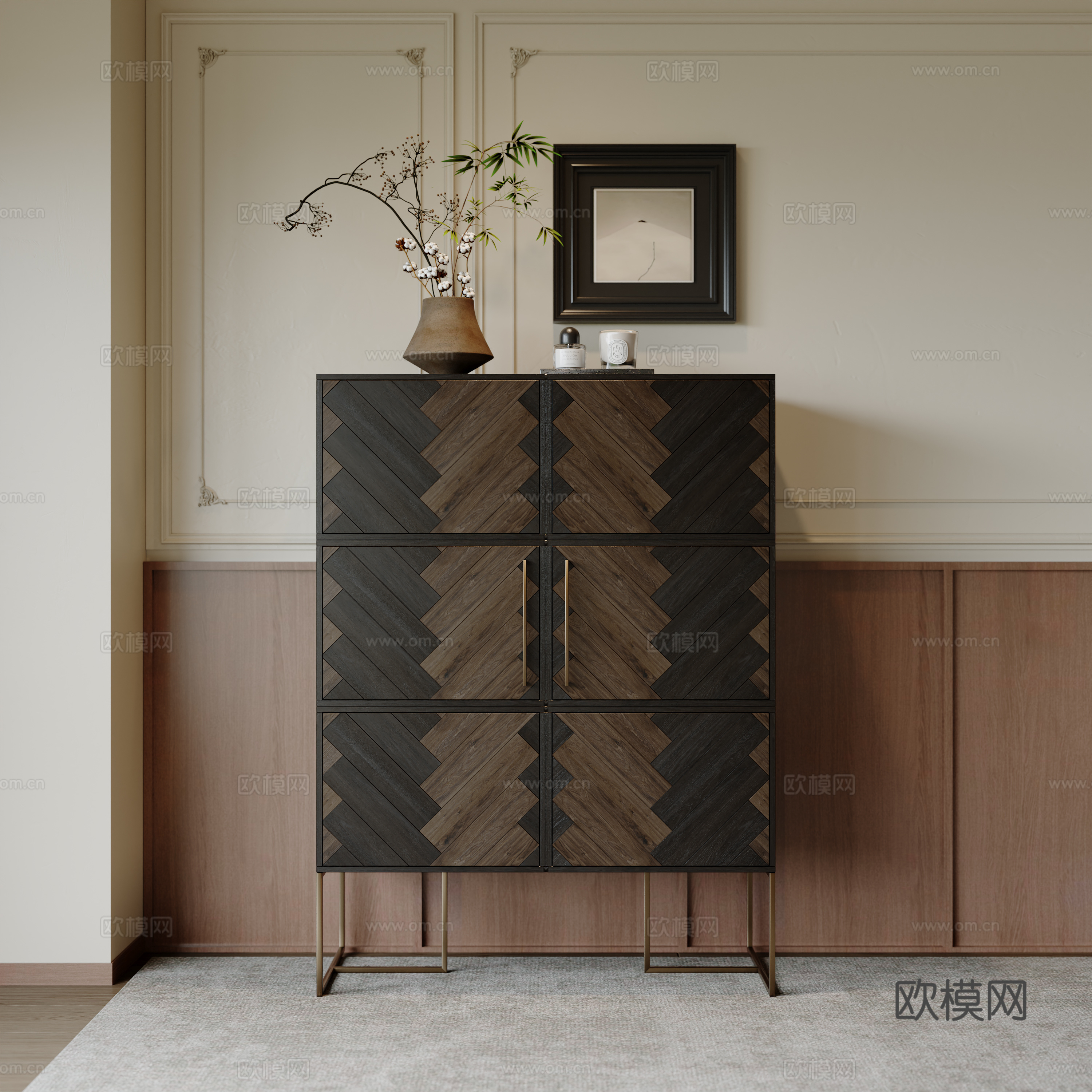 中古风玄关柜 储物柜 花艺 斗柜 装饰柜su模型