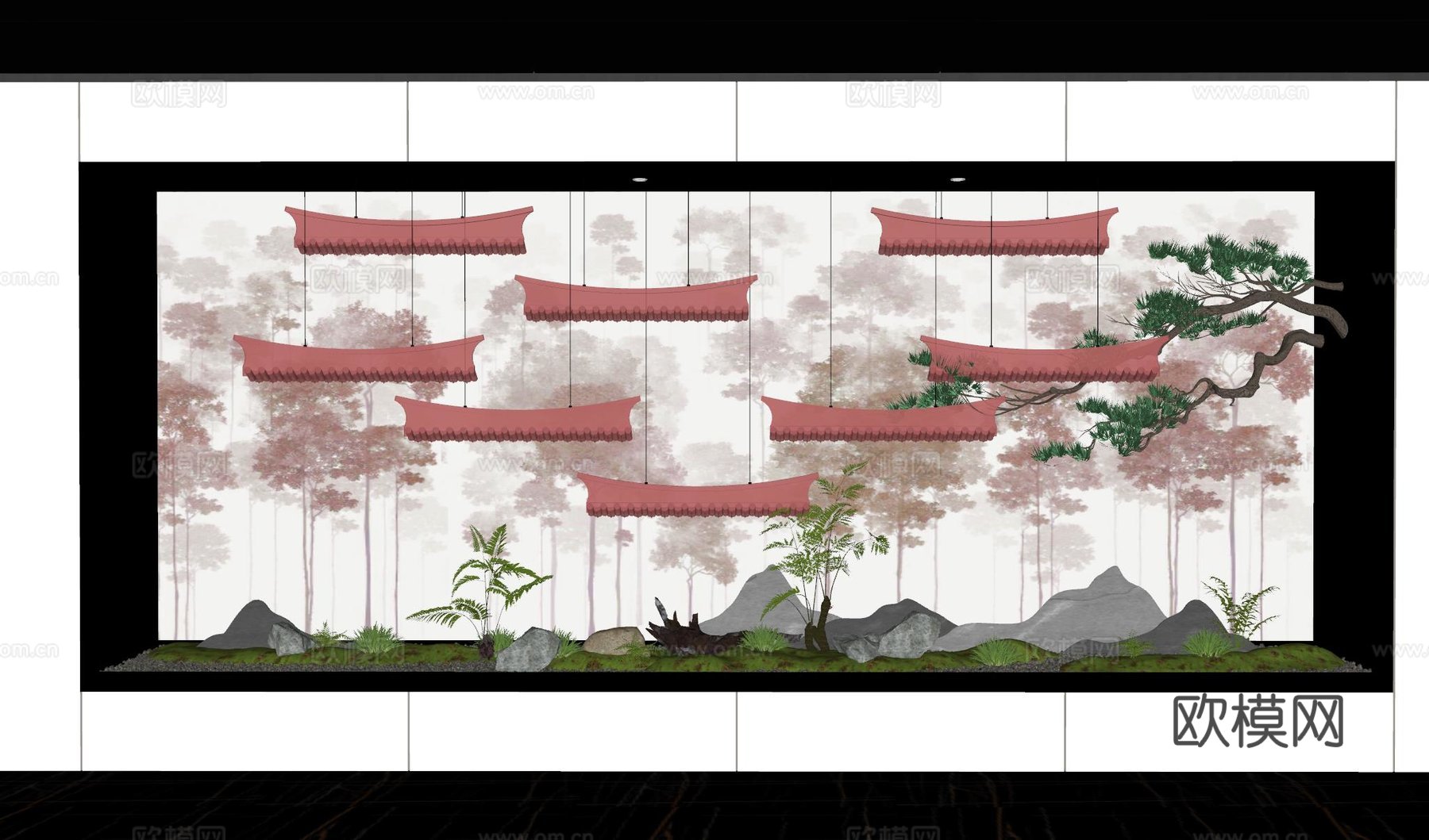 新中式景观造景 室内景观 倒挂植物 景观石 室内造景su模型