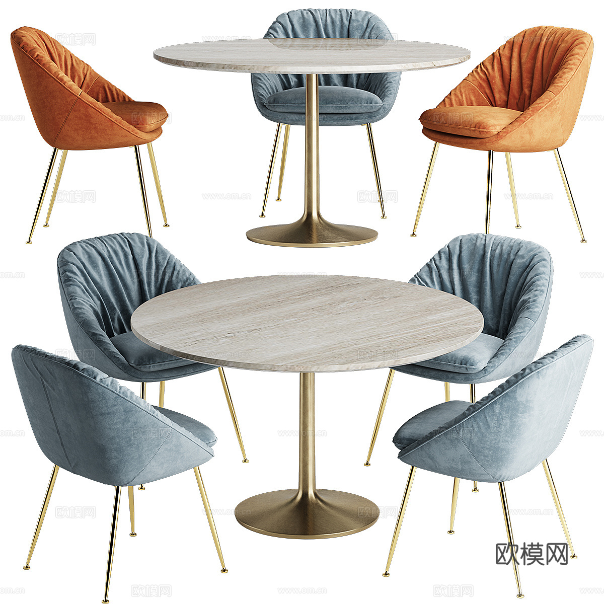 现代轻奢棕色大理石圆餐桌椅组合3d模型下载（渲染图1）