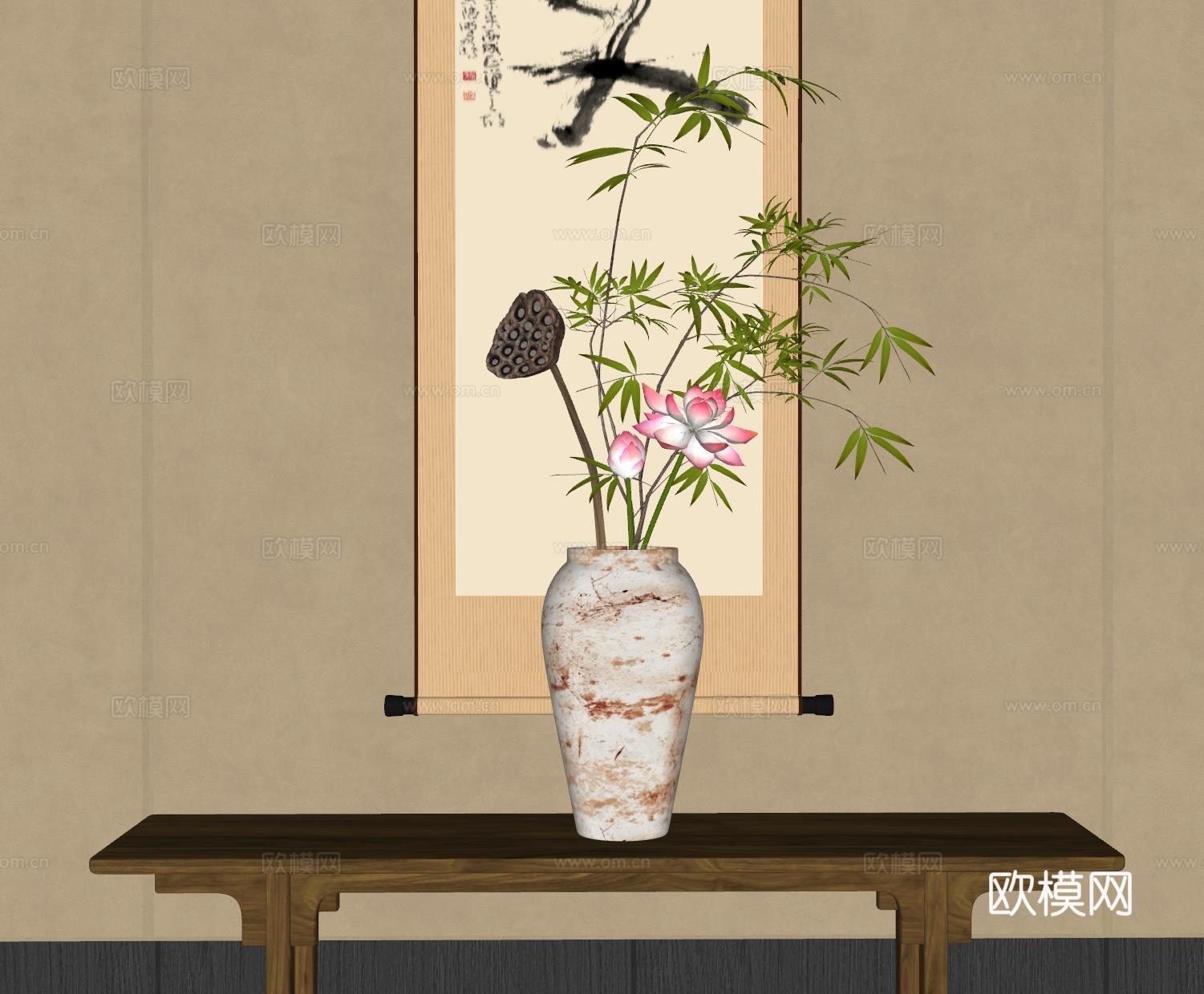 新中式禅意花瓶 花艺摆件 插花su模型