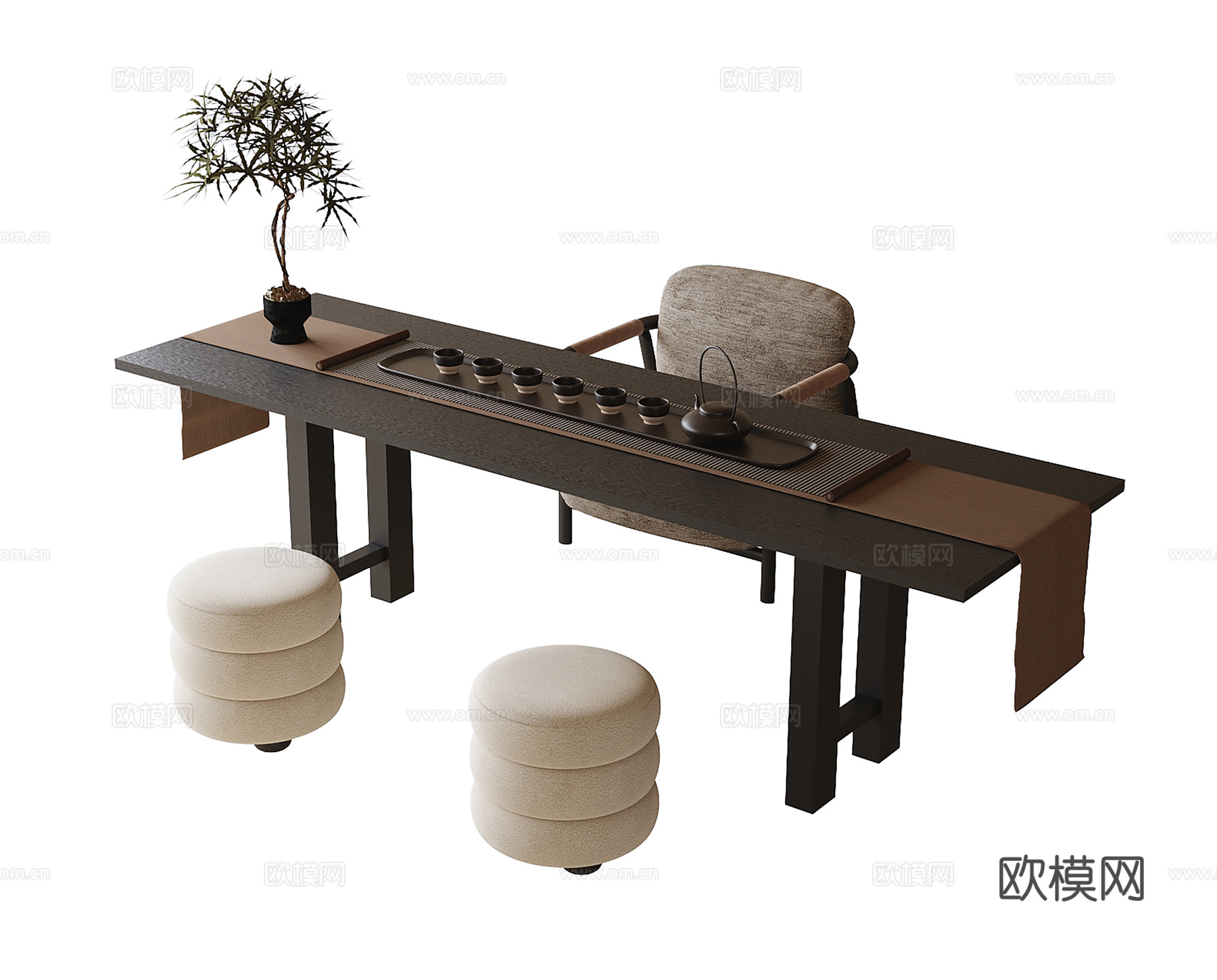 现代茶桌椅 凳子 茶具摆件 茶桌su模型