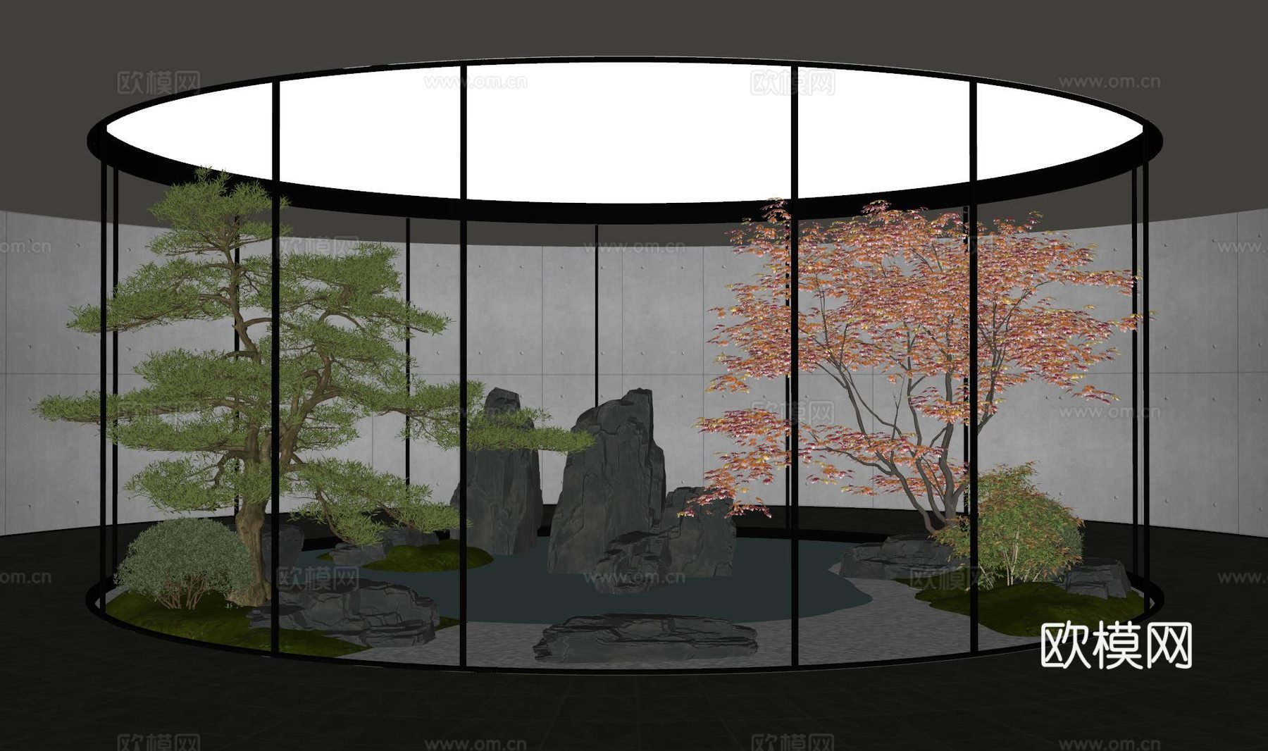 新中式庭院景观 天井庭院 景观石 松树 红枫su模型