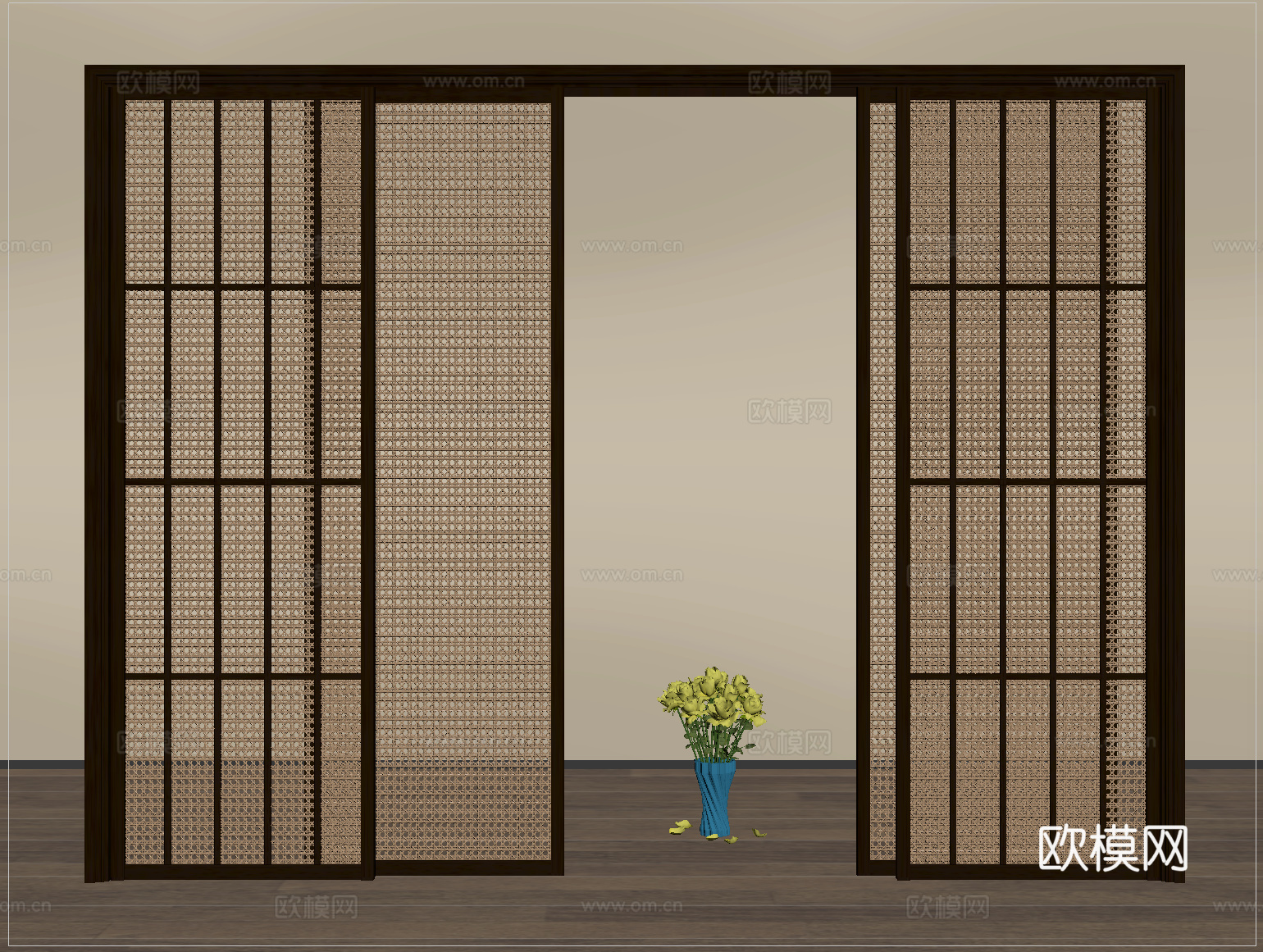 侘寂风推拉门 移门 藤编推拉门su模型
