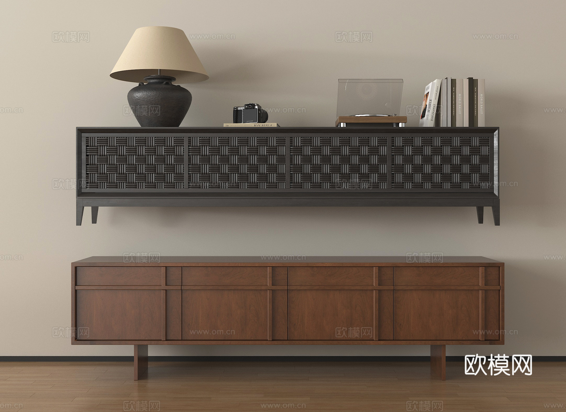 复古风电视柜组合 台灯 摆件su模型