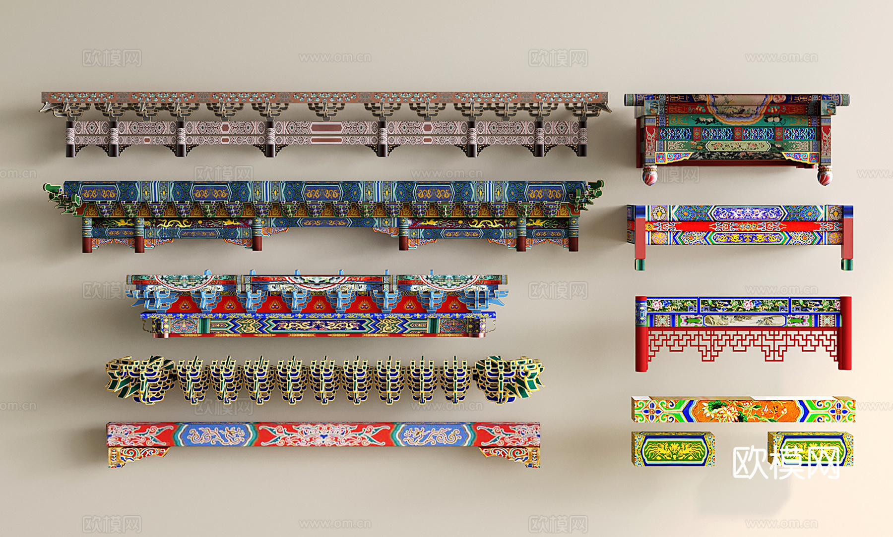 中式屋檐 屋梁 中式彩绘木梁横梁 中式建筑构件3d模型下载