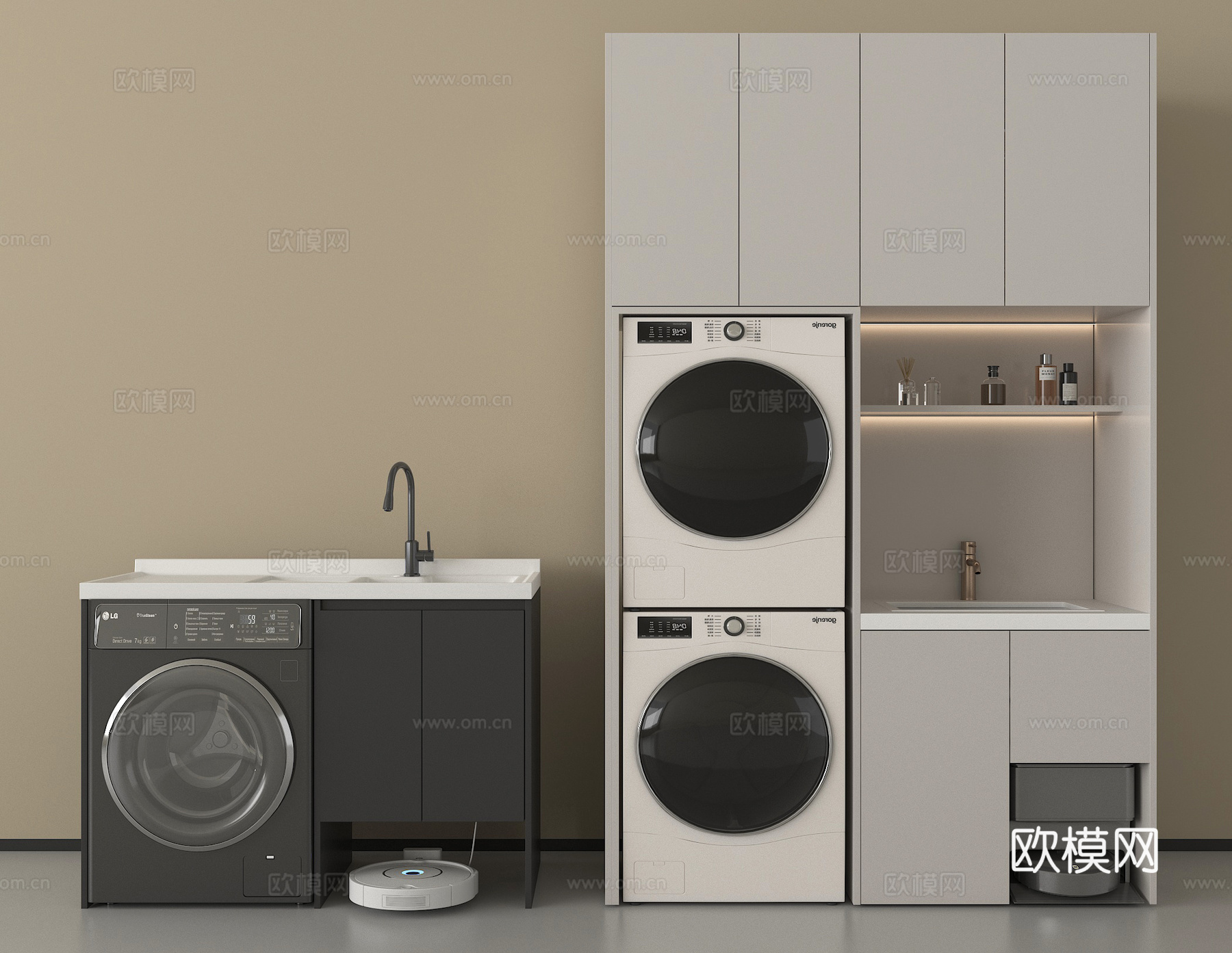 现代洗衣机柜 洗衣机 烘干机  扫地机器人 阳台柜3d模型下载