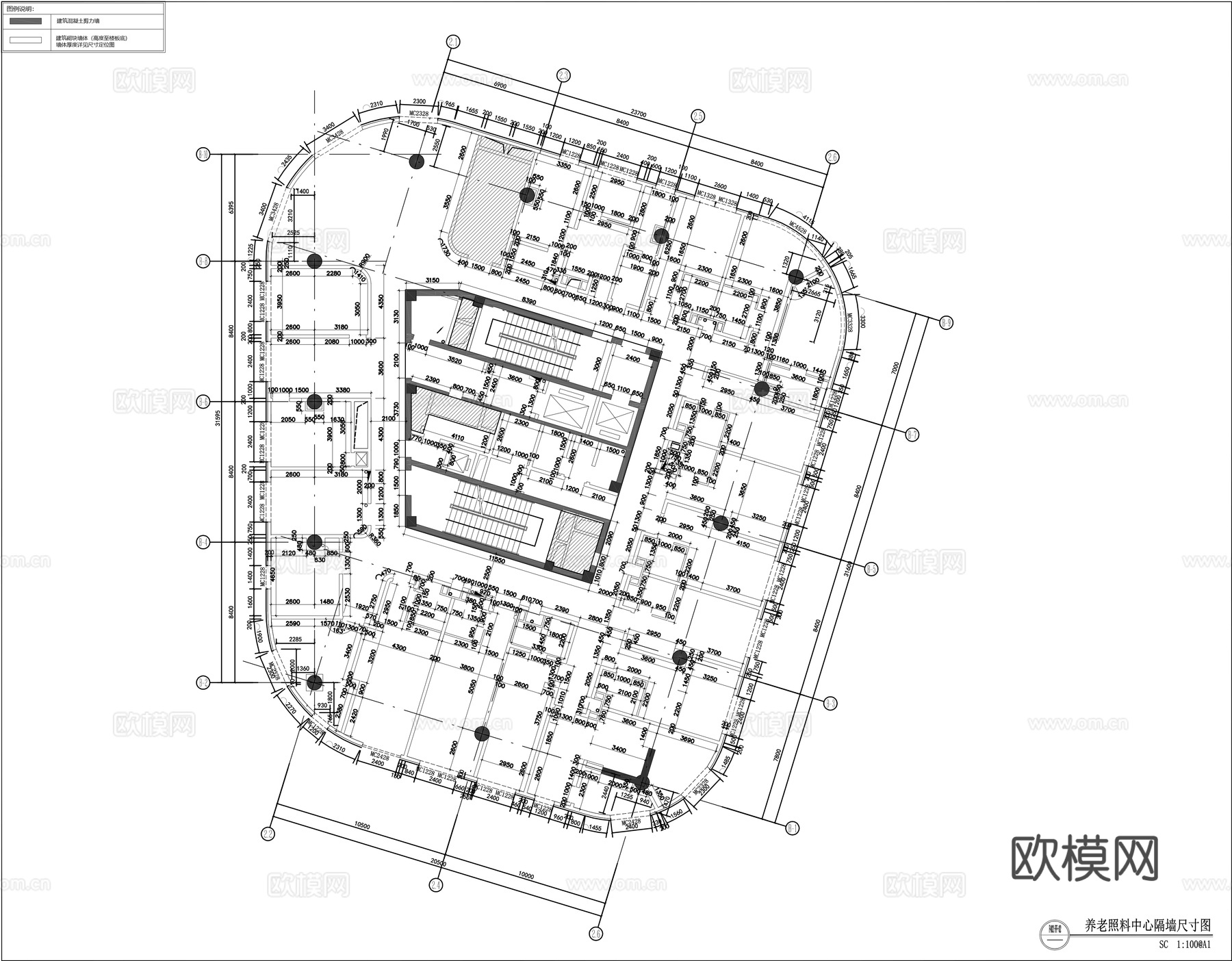 养老中心平面施工图cad施工图