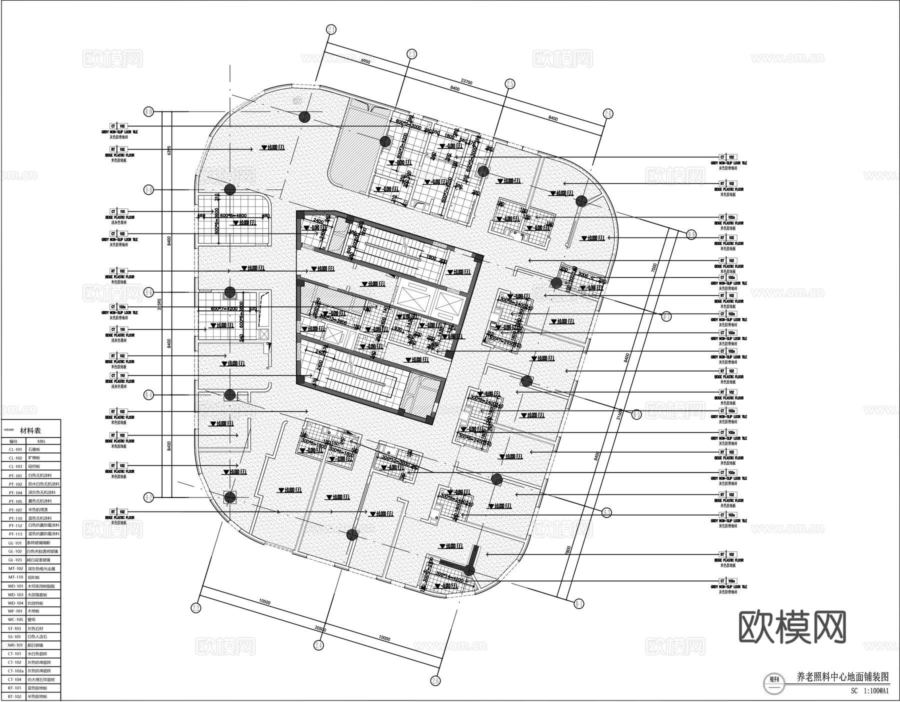 养老中心平面施工图cad施工图