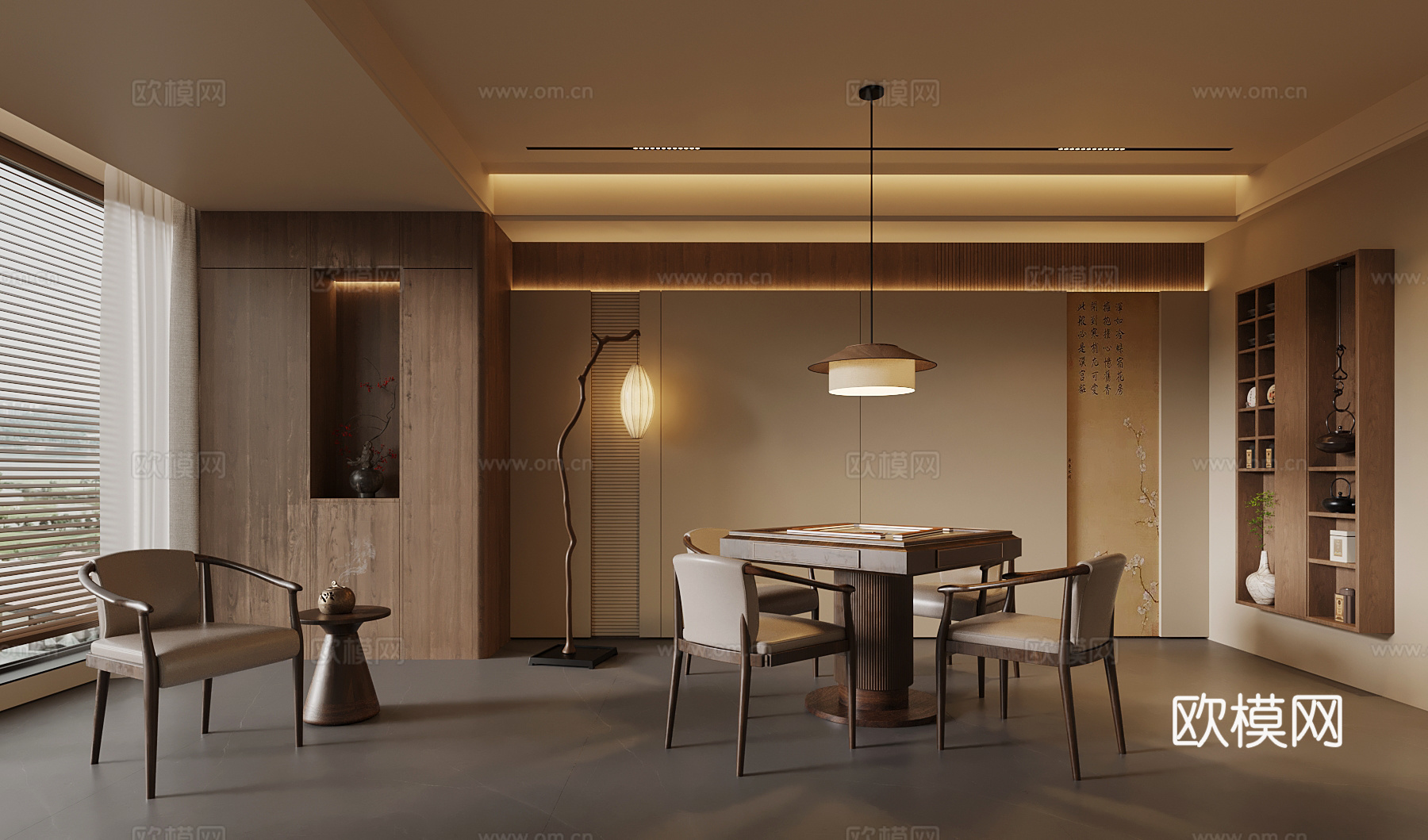 新中式棋牌室 麻将桌 背景墙 茶柜su模型