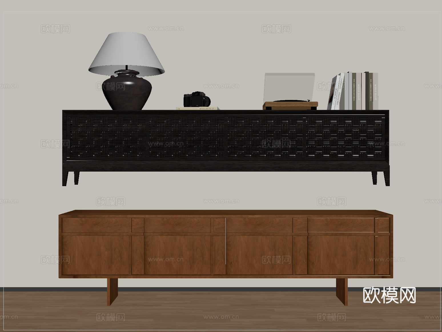 复古风电视柜组合 台灯 摆件su模型