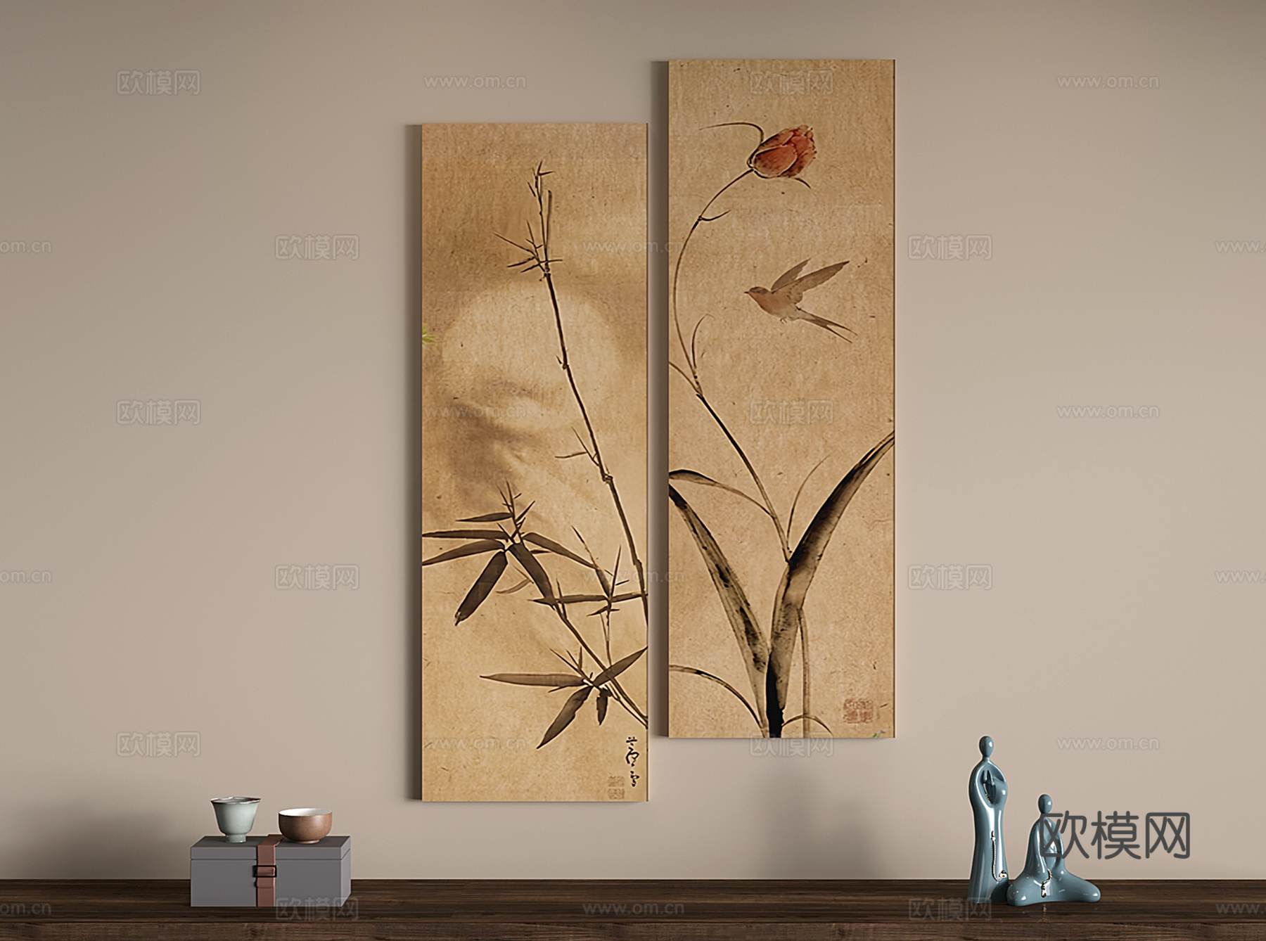 新中式古韵挂画 禅意装饰画 宋代植物画 竹子su模型