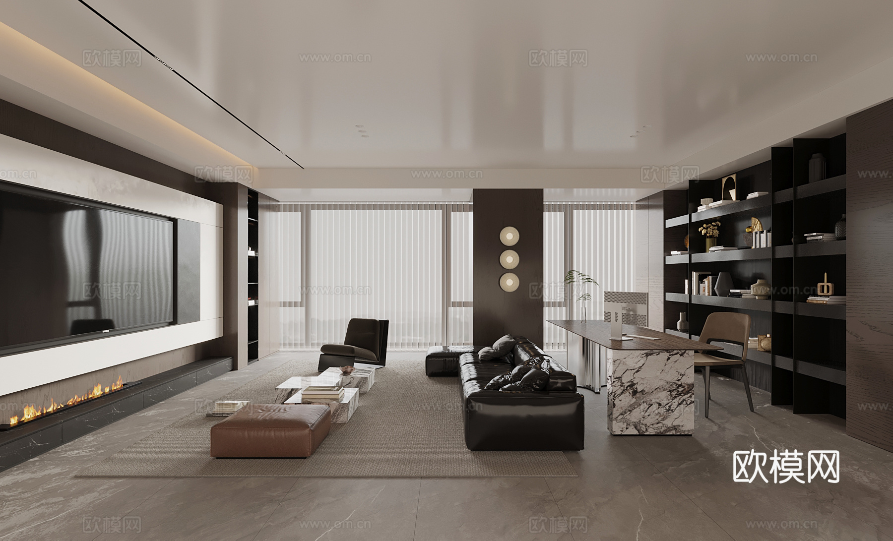 意式客餐厅 沙发茶几组合 电视背景墙 书桌椅su模型